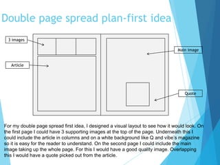 Double page spread plan-first idea
3 images
Article
Main image
Quote
For my double page spread first idea, I designed a visual layout to see how it would look. On
the first page I could have 3 supporting images at the top of the page. Underneath this I
could include the article in columns and on a white background like Q and vibe’s magazine
so it is easy for the reader to understand. On the second page I could include the main
image taking up the whole page. For this I would have a good quality image. Overlapping
this I would have a quote picked out from the article.
 
