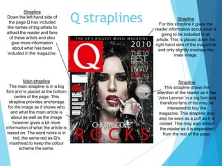 Q straplines Strapline
For this strapline it gives the
reader information about what is
going to be included in an
article. This is placed down the
right hand side of the magazine
and only slightly overlaps the
main image.
Main strapline
The main strapline is in a big
font and is placed at the bottom
centre of the page. This
strapline provides anchorage
for the image as it shows who
and what the main article is
about as well as the image
however gives a bit more
information of what the article is
based on. The word rocks is in
red, the same red as Q’s
masthead to keep the colour
scheme the same.
Strapline
This strapline draws the
attention of the reader as it has
‘John Lennon’ in a big font and
therefore fans of his may be
interested to buy the
magazine. This strapline may
also be seen as a puff as it is
circled. This may also attract
the reader as it is separated
from the rest of the page.
Strapline
Down the left hand side of
the page Q has included
the names of big artists to
attract the reader and fans
of these artists and also
give more information
about what has been
included in the magazine.
 