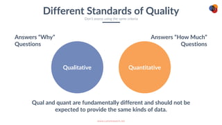 www.curioresearch.net
15
Different Standards of Quality
Don’t assess using the same criteria
Qualitative Quantitative
Answers “Why”
Questions
Answers “How Much”
Questions
Qual and quant are fundamentally different and should not be
expected to provide the same kinds of data.
 