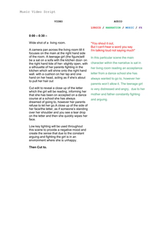 Music Video Script
VIDEO

AUDIO
LYRICS / NARRATION / MUSIC / FX

0:00 – 0:30 –
Wide shot of a living room.
A camera pan across the living room till it
focuses on the main at the right hand side
of the room. A teenage girl (the figure)will
be a sat on a sofa with the kitchen door- on
the right hand tide of her- slightly open, with
a silhouette of her parents fighting in the
kitchen which will shine onto the right hand
wall. with a cushion on her lap and one
hand on her head, acting as if she’s about
to pull her hair out
Cut edit to reveal a close up of the letter
which the girl will be reading, informing her
that she has been on accepted on a dance
course at a school she has always
dreamed of going to, however her parents
refuse to let her go.A close up of the side of
her face/the letter, as if someone’s standing
over her shoulder and you see a tear drop
on the letter and then she quickly wipes her
face.
Low key lighting will be used throughout
this scene to provide a negative mood and
create the sense that due to the constant
arguing and fighting the girl is in an
environment where she is unhappy.
Then Cut to.

"You shout it out,
But I can't hear a word you say
I'm talking loud not saying much"
In this particular scene the main
character within the narrative is sat in
her living room reading an acceptance
letter from a dance school she has
always wanted to go to, however her
parents won’t allow it. The teenage girl
is very distressed and angry, due to her
mother and father constantly fighting
and arguing.

 