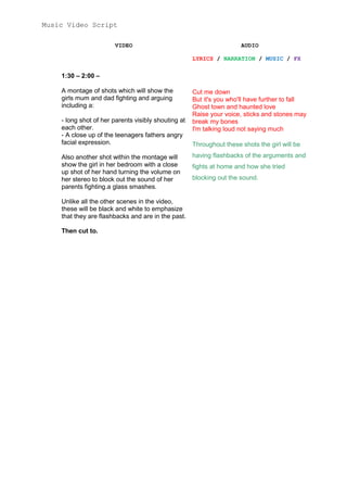 Music Video Script
VIDEO

AUDIO
LYRICS / NARRATION / MUSIC / FX

1:30 – 2:00 –
A montage of shots which will show the
girls mum and dad fighting and arguing
including a:
- long shot of her parents visibly shouting at
each other.
- A close up of the teenagers fathers angry
facial expression.
Also another shot within the montage will
show the girl in her bedroom with a close
up shot of her hand turning the volume on
her stereo to block out the sound of her
parents fighting.a glass smashes.
Unlike all the other scenes in the video,
these will be black and white to emphasize
that they are flashbacks and are in the past.
Then cut to.

Cut me down
But it's you who'll have further to fall
Ghost town and haunted love
Raise your voice, sticks and stones may
break my bones
I'm talking loud not saying much
Throughout these shots the girl will be
having flashbacks of the arguments and
fights at home and how she tried
blocking out the sound.

 
