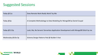 Suggested Sessions
Today @11a Does Remote Work Really Work? by Me
Today @2p A Complete Methodology to Data Modeling for MongoDB by Daniel Coupal
Today @3:15p Look, Ma, No Servers! Serverless Application Development with MongoDB Stitch by me
Wednesday @10a-3p Schema Design Patterns Pod @ Builder’s Fest
 