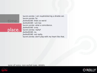 place. time. tone of voice, non-verbal cues, delight. 
