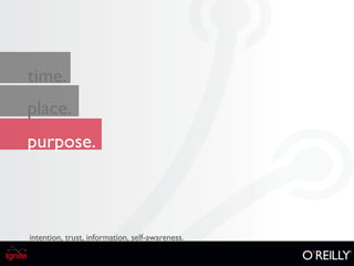 place. time. purpose. intention, trust, information, self-awareness. 