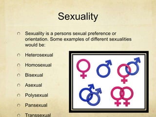 Sexuality
Sexuality is a persons sexual preference or
orientation. Some examples of different sexualities
would be:
Heterosexual
Homosexual
Bisexual
Asexual
Polysexual
Pansexual
Transsexual
 