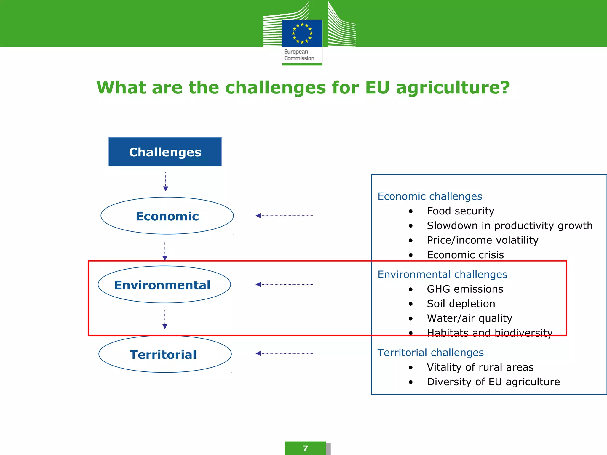 What are the challenges for EU agriculture?
7
Economic challenges
• Food security
• Slowdown in productivity growth
• Price/income volatility
• Economic crisis
Environmental challenges
• GHG emissions
• Soil depletion
• Water/air quality
• Habitats and biodiversity
Territorial challenges
• Vitality of rural areas
• Diversity of EU agriculture
Challenges
Environmental
Economic
Territorial
 