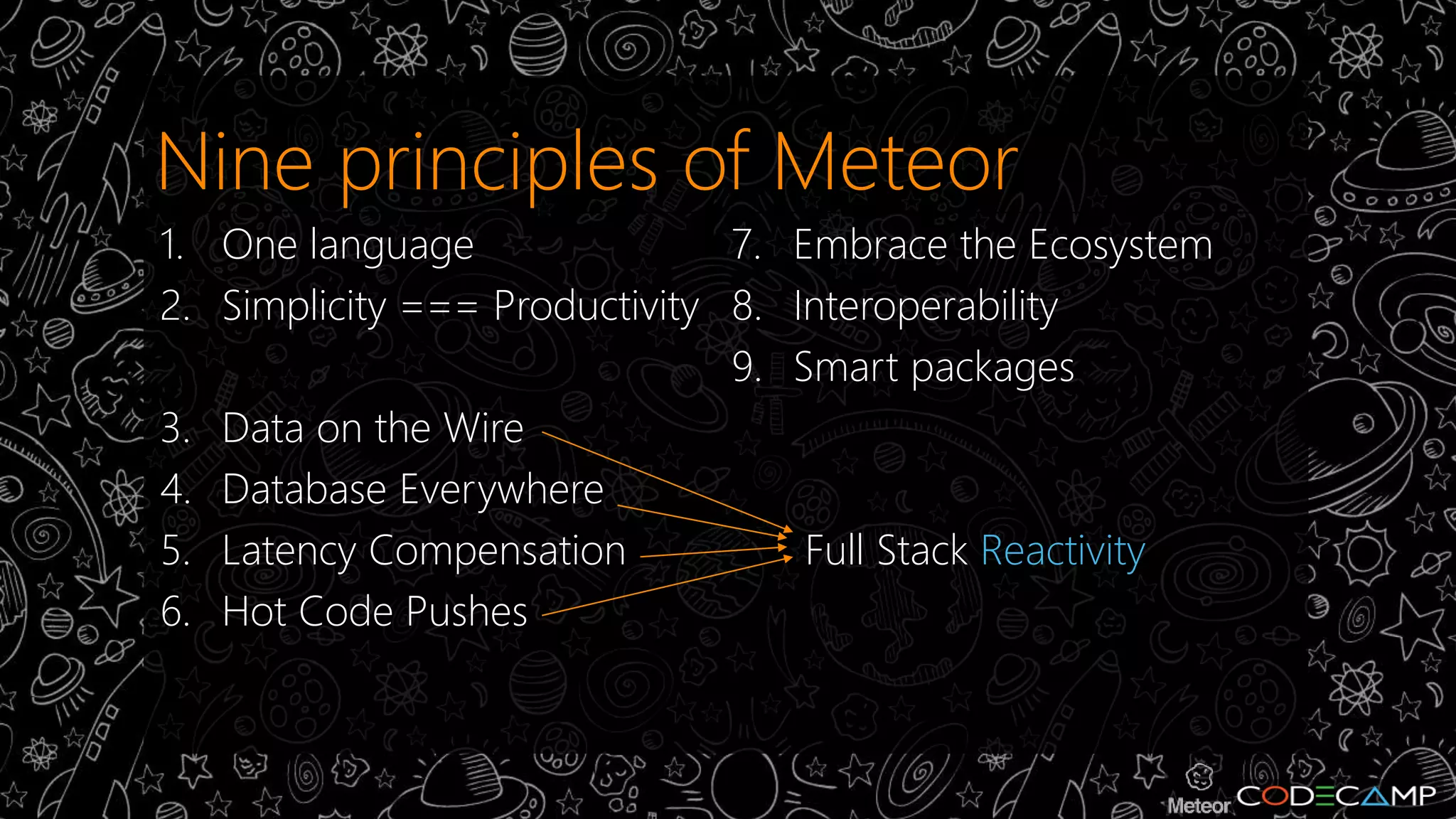 Nine principles of Meteor 
1. One language 
2. Simplicity === Productivity 
3. Data on the Wire 
4. Database Everywhere 
5. Latency Compensation 
6. Hot Code Pushes 
7. Embrace the Ecosystem 
8. Interoperability 
9. Smart packages 
10. Full Stack Reactivity 
 