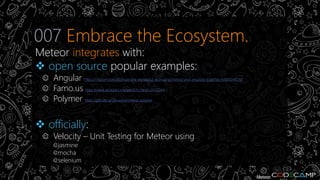 Resources 
Beginners 
discovermeteor.com 
Best meteor resources 
I’ve found 
Meteor Tips 
30 Days with Meteor 
Discover Me...