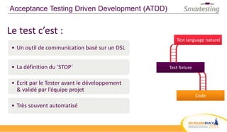 • Un outil de communication basé sur un DSL
• La définition du ‘STOP’
• Ecrit par le Tester avant le développement
& validé par l’équipe projet
• Très souvent automatisé
Acceptance Testing Driven Development (ATDD)
Code
Test fixture
Test language naturel
Le test c’est :
 