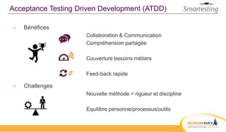 Acceptance Testing Driven Development (ATDD)
 Bénéfices
Collaboration & Communication
Compréhension partagée
Couverture besoins métiers
Feed-back rapide
…
 Challenges
Nouvelle méthode = rigueur et discipline
Equilibre personne/processus/outils
 