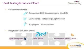  Fonctionnalités clés :
Conception : Définition progressive d’un DSL
Maintenance : Refactoring & optimisation
Scripts pour l’automatisation
 Intégrations actuelles avec :
Zest: test agile dans le Cloud!
Agile Management Framework d’automatisationAgile Testing
 