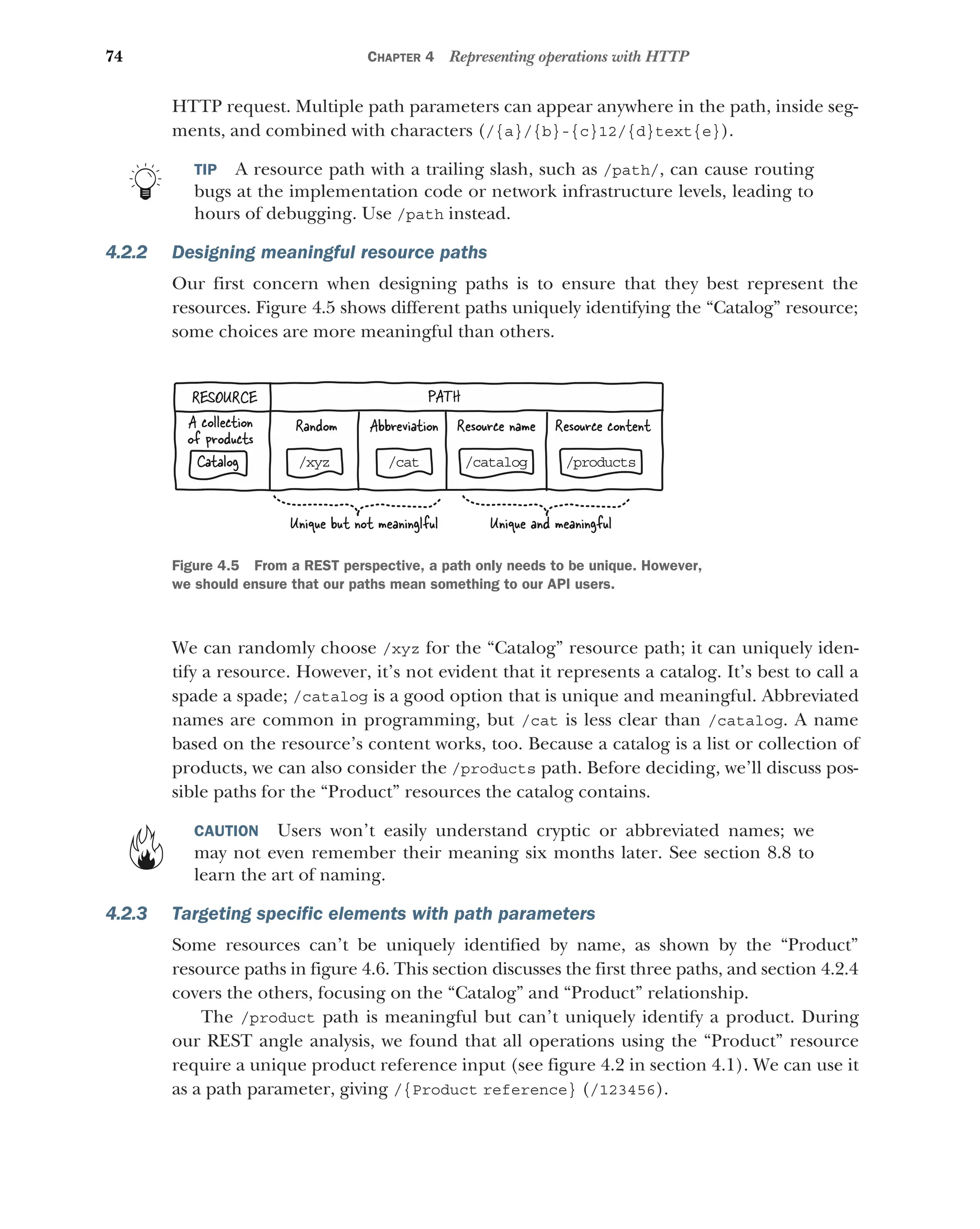 74 CHAPTER 4 Representing operations with HTTP
HTTP request. Multiple path parameters can appear anywhere in the path, inside seg-
ments, and combined with characters (/{a}/{b}-{c}12/{d}text{e}).
TIP A resource path with a trailing slash, such as /path/, can cause routing
bugs at the implementation code or network infrastructure levels, leading to
hours of debugging. Use /path instead.
4.2.2 Designing meaningful resource paths
Our first concern when designing paths is to ensure that they best represent the
resources. Figure 4.5 shows different paths uniquely identifying the “Catalog” resource;
some choices are more meaningful than others.
We can randomly choose /xyz for the “Catalog” resource path; it can uniquely iden-
tify a resource. However, it’s not evident that it represents a catalog. It’s best to call a
spade a spade; /catalog is a good option that is unique and meaningful. Abbreviated
names are common in programming, but /cat is less clear than /catalog. A name
based on the resource’s content works, too. Because a catalog is a list or collection of
products, we can also consider the /products path. Before deciding, we’ll discuss pos-
sible paths for the “Product” resources the catalog contains.
CAUTION Users won’t easily understand cryptic or abbreviated names; we
may not even remember their meaning six months later. See section 8.8 to
learn the art of naming.
4.2.3 Targeting specific elements with path parameters
Some resources can’t be uniquely identified by name, as shown by the “Product”
resource paths in figure 4.6. This section discusses the first three paths, and section 4.2.4
covers the others, focusing on the “Catalog” and “Product” relationship.
The /product path is meaningful but can’t uniquely identify a product. During
our REST angle analysis, we found that all operations using the “Product” resource
require a unique product reference input (see figure 4.2 in section 4.1). We can use it
as a path parameter, giving /{Product reference} (/123456).
/xyz /catalog
Catalog /cat /products
Unique but not meaninglful Unique and meaningful
Resource name
RESOURCE
A collection
of products
Abbreviation
Random Resource content
PATH
Figure 4.5 From a REST perspective, a path only needs to be unique. However,
we should ensure that our paths mean something to our API users.
 
