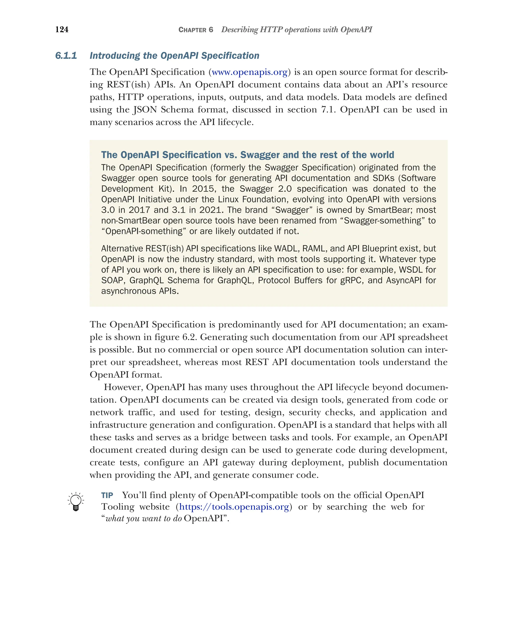 124 CHAPTER 6 Describing HTTP operations with OpenAPI
6.1.1 Introducing the OpenAPI Specification
The OpenAPI Specification (www.openapis.org) is an open source format for describ-
ing REST(ish) APIs. An OpenAPI document contains data about an API’s resource
paths, HTTP operations, inputs, outputs, and data models. Data models are defined
using the JSON Schema format, discussed in section 7.1. OpenAPI can be used in
many scenarios across the API lifecycle.
The OpenAPI Specification is predominantly used for API documentation; an exam-
ple is shown in figure 6.2. Generating such documentation from our API spreadsheet
is possible. But no commercial or open source API documentation solution can inter-
pret our spreadsheet, whereas most REST API documentation tools understand the
OpenAPI format.
However, OpenAPI has many uses throughout the API lifecycle beyond documen-
tation. OpenAPI documents can be created via design tools, generated from code or
network traffic, and used for testing, design, security checks, and application and
infrastructure generation and configuration. OpenAPI is a standard that helps with all
these tasks and serves as a bridge between tasks and tools. For example, an OpenAPI
document created during design can be used to generate code during development,
create tests, configure an API gateway during deployment, publish documentation
when providing the API, and generate consumer code.
TIP You’ll find plenty of OpenAPI-compatible tools on the official OpenAPI
Tooling website (https:/
/tools.openapis.org) or by searching the web for
“what you want to do OpenAPI”.
The OpenAPI Specification vs. Swagger and the rest of the world
The OpenAPI Specification (formerly the Swagger Specification) originated from the
Swagger open source tools for generating API documentation and SDKs (Software
Development Kit). In 2015, the Swagger 2.0 specification was donated to the
OpenAPI Initiative under the Linux Foundation, evolving into OpenAPI with versions
3.0 in 2017 and 3.1 in 2021. The brand “Swagger” is owned by SmartBear; most
non-SmartBear open source tools have been renamed from “Swagger-something” to
“OpenAPI-something” or are likely outdated if not.
Alternative REST(ish) API specifications like WADL, RAML, and API Blueprint exist, but
OpenAPI is now the industry standard, with most tools supporting it. Whatever type
of API you work on, there is likely an API specification to use: for example, WSDL for
SOAP, GraphQL Schema for GraphQL, Protocol Buffers for gRPC, and AsyncAPI for
asynchronous APIs.
 