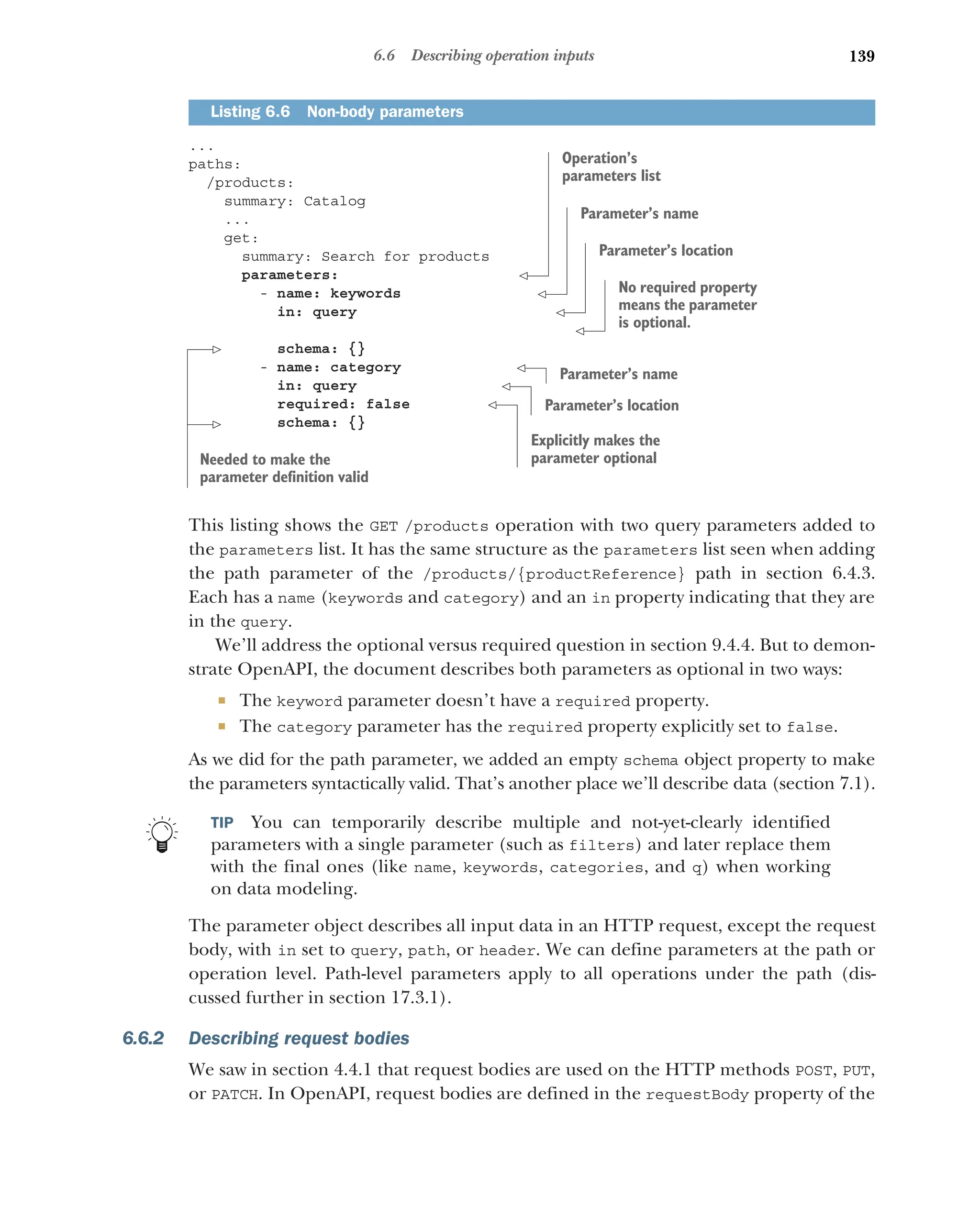 139
6.6 Describing operation inputs
...
paths:
/products:
summary: Catalog
...
get:
summary: Search for products
parameters:
- name: keywords
in: query
schema: {}
- name: category
in: query
required: false
schema: {}
This listing shows the GET /products operation with two query parameters added to
the parameters list. It has the same structure as the parameters list seen when adding
the path parameter of the /products/{productReference} path in section 6.4.3.
Each has a name (keywords and category) and an in property indicating that they are
in the query.
We’ll address the optional versus required question in section 9.4.4. But to demon-
strate OpenAPI, the document describes both parameters as optional in two ways:
 The keyword parameter doesn’t have a required property.
 The category parameter has the required property explicitly set to false.
As we did for the path parameter, we added an empty schema object property to make
the parameters syntactically valid. That’s another place we’ll describe data (section 7.1).
TIP You can temporarily describe multiple and not-yet-clearly identified
parameters with a single parameter (such as filters) and later replace them
with the final ones (like name, keywords, categories, and q) when working
on data modeling.
The parameter object describes all input data in an HTTP request, except the request
body, with in set to query, path, or header. We can define parameters at the path or
operation level. Path-level parameters apply to all operations under the path (dis-
cussed further in section 17.3.1).
6.6.2 Describing request bodies
We saw in section 4.4.1 that request bodies are used on the HTTP methods POST, PUT,
or PATCH. In OpenAPI, request bodies are defined in the requestBody property of the
Listing 6.6 Non-body parameters
Operation’s
parameters list
Parameter’s name
Parameter’s location
No required property
means the parameter
is optional.
Needed to make the
parameter definition valid
Parameter’s name
Parameter’s location
Explicitly makes the
parameter optional
 