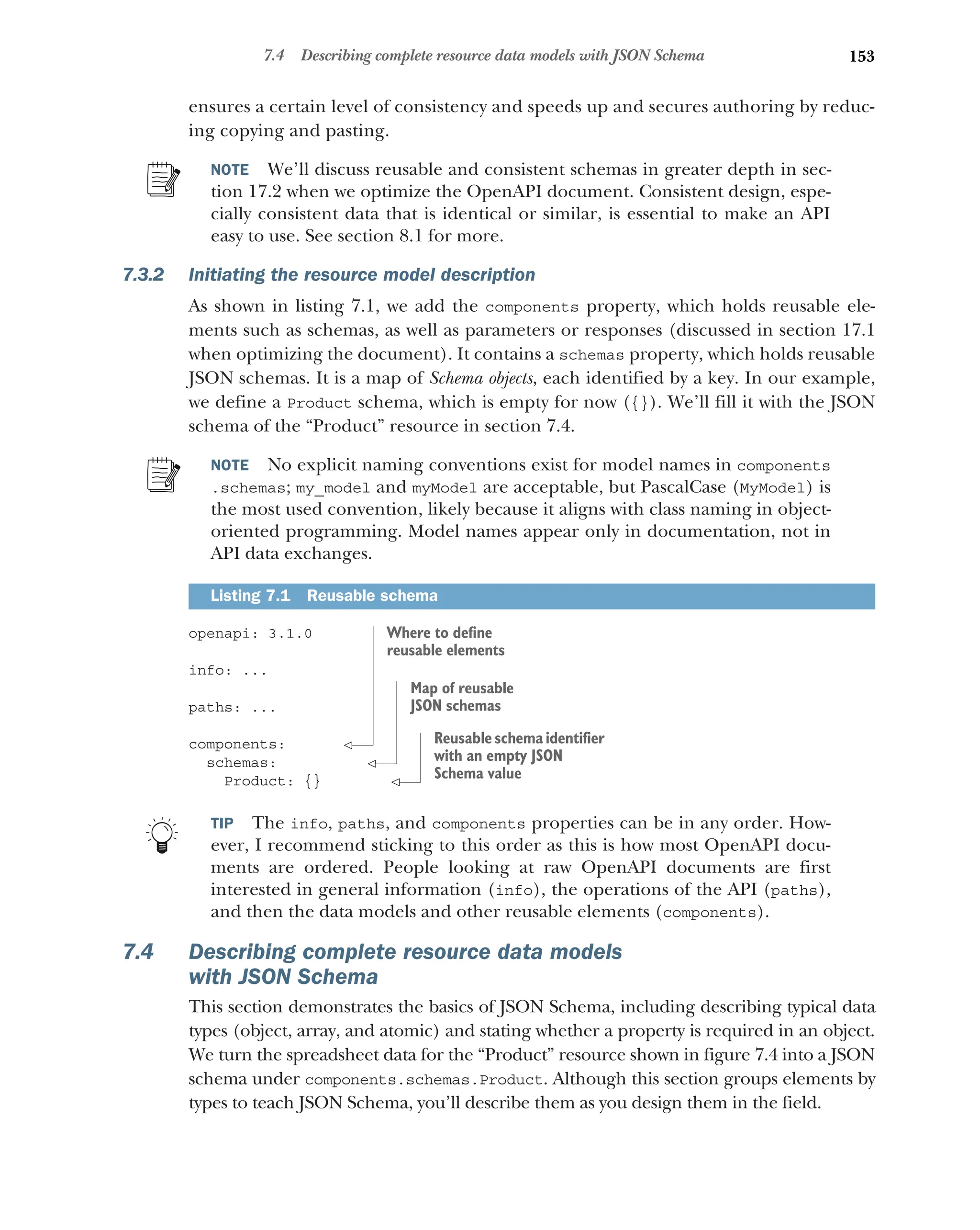 153
7.4 Describing complete resource data models with JSON Schema
ensures a certain level of consistency and speeds up and secures authoring by reduc-
ing copying and pasting.
NOTE We’ll discuss reusable and consistent schemas in greater depth in sec-
tion 17.2 when we optimize the OpenAPI document. Consistent design, espe-
cially consistent data that is identical or similar, is essential to make an API
easy to use. See section 8.1 for more.
7.3.2 Initiating the resource model description
As shown in listing 7.1, we add the components property, which holds reusable ele-
ments such as schemas, as well as parameters or responses (discussed in section 17.1
when optimizing the document). It contains a schemas property, which holds reusable
JSON schemas. It is a map of Schema objects, each identified by a key. In our example,
we define a Product schema, which is empty for now ({}). We’ll fill it with the JSON
schema of the “Product” resource in section 7.4.
NOTE No explicit naming conventions exist for model names in components
.schemas; my_model and myModel are acceptable, but PascalCase (MyModel) is
the most used convention, likely because it aligns with class naming in object-
oriented programming. Model names appear only in documentation, not in
API data exchanges.
openapi: 3.1.0
info: ...
paths: ...
components:
schemas:
Product: {}
TIP The info, paths, and components properties can be in any order. How-
ever, I recommend sticking to this order as this is how most OpenAPI docu-
ments are ordered. People looking at raw OpenAPI documents are first
interested in general information (info), the operations of the API (paths),
and then the data models and other reusable elements (components).
7.4 Describing complete resource data models
with JSON Schema
This section demonstrates the basics of JSON Schema, including describing typical data
types (object, array, and atomic) and stating whether a property is required in an object.
We turn the spreadsheet data for the “Product” resource shown in figure 7.4 into a JSON
schema under components.schemas.Product. Although this section groups elements by
types to teach JSON Schema, you’ll describe them as you design them in the field.
Listing 7.1 Reusable schema
Where to define
reusable elements
Map of reusable
JSON schemas
Reusable schema identifier
with an empty JSON
Schema value
 