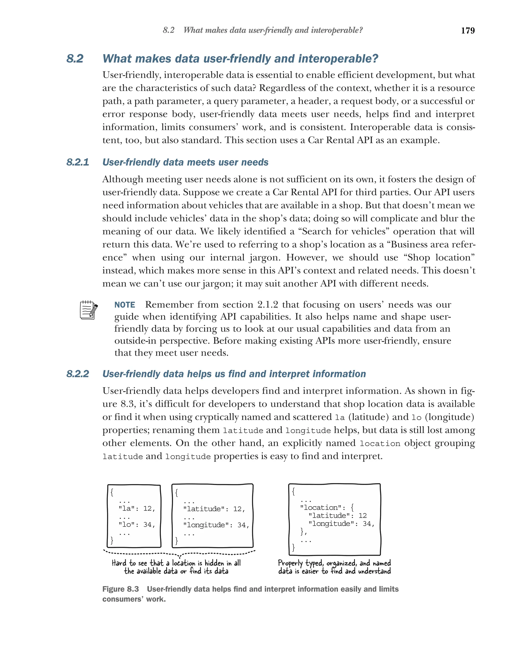 179
8.2 What makes data user-friendly and interoperable?
8.2 What makes data user-friendly and interoperable?
User-friendly, interoperable data is essential to enable efficient development, but what
are the characteristics of such data? Regardless of the context, whether it is a resource
path, a path parameter, a query parameter, a header, a request body, or a successful or
error response body, user-friendly data meets user needs, helps find and interpret
information, limits consumers’ work, and is consistent. Interoperable data is consis-
tent, too, but also standard. This section uses a Car Rental API as an example.
8.2.1 User-friendly data meets user needs
Although meeting user needs alone is not sufficient on its own, it fosters the design of
user-friendly data. Suppose we create a Car Rental API for third parties. Our API users
need information about vehicles that are available in a shop. But that doesn’t mean we
should include vehicles’ data in the shop’s data; doing so will complicate and blur the
meaning of our data. We likely identified a “Search for vehicles” operation that will
return this data. We’re used to referring to a shop’s location as a “Business area refer-
ence” when using our internal jargon. However, we should use “Shop location”
instead, which makes more sense in this API’s context and related needs. This doesn’t
mean we can’t use our jargon; it may suit another API with different needs.
NOTE Remember from section 2.1.2 that focusing on users’ needs was our
guide when identifying API capabilities. It also helps name and shape user-
friendly data by forcing us to look at our usual capabilities and data from an
outside-in perspective. Before making existing APIs more user-friendly, ensure
that they meet user needs.
8.2.2 User-friendly data helps us find and interpret information
User-friendly data helps developers find and interpret information. As shown in fig-
ure 8.3, it’s difficult for developers to understand that shop location data is available
or find it when using cryptically named and scattered la (latitude) and lo (longitude)
properties; renaming them latitude and longitude helps, but data is still lost among
other elements. On the other hand, an explicitly named location object grouping
latitude and longitude properties is easy to find and interpret.
{
..
.
la: 12,

..
.
lo: 34,

..
.
}
{
..
.
location: {

latitude: 12
longitude: 34,
,
}
..
.
}
Properly typed, organized, and named
data is easier to ﬁnd and understand
{
..
.
latitude: 12,

..
.
longitude: 34,

..
.
}
Hard to see that a location is hidden in all
the available data or ﬁnd its data
Figure 8.3 User-friendly data helps find and interpret information easily and limits
consumers’ work.
 