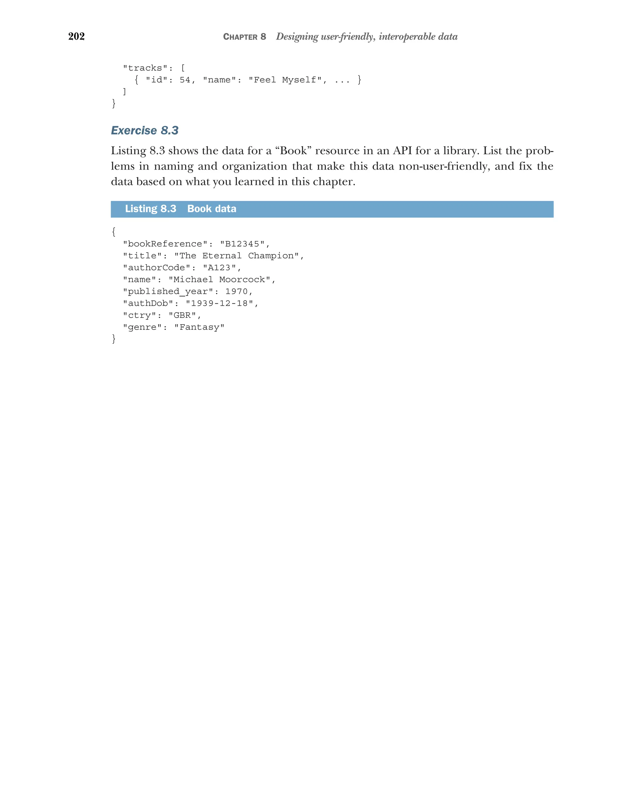 202 CHAPTER 8 Designing user-friendly, interoperable data
tracks: [
{ id: 54, name: Feel Myself, ... }
]
}
Exercise 8.3
Listing 8.3 shows the data for a “Book” resource in an API for a library. List the prob-
lems in naming and organization that make this data non-user-friendly, and fix the
data based on what you learned in this chapter.
{
bookReference: B12345,
title: The Eternal Champion,
authorCode: A123,
name: Michael Moorcock,
published_year: 1970,
authDob: 1939-12-18,
ctry: GBR,
genre: Fantasy
}
Listing 8.3 Book data
 