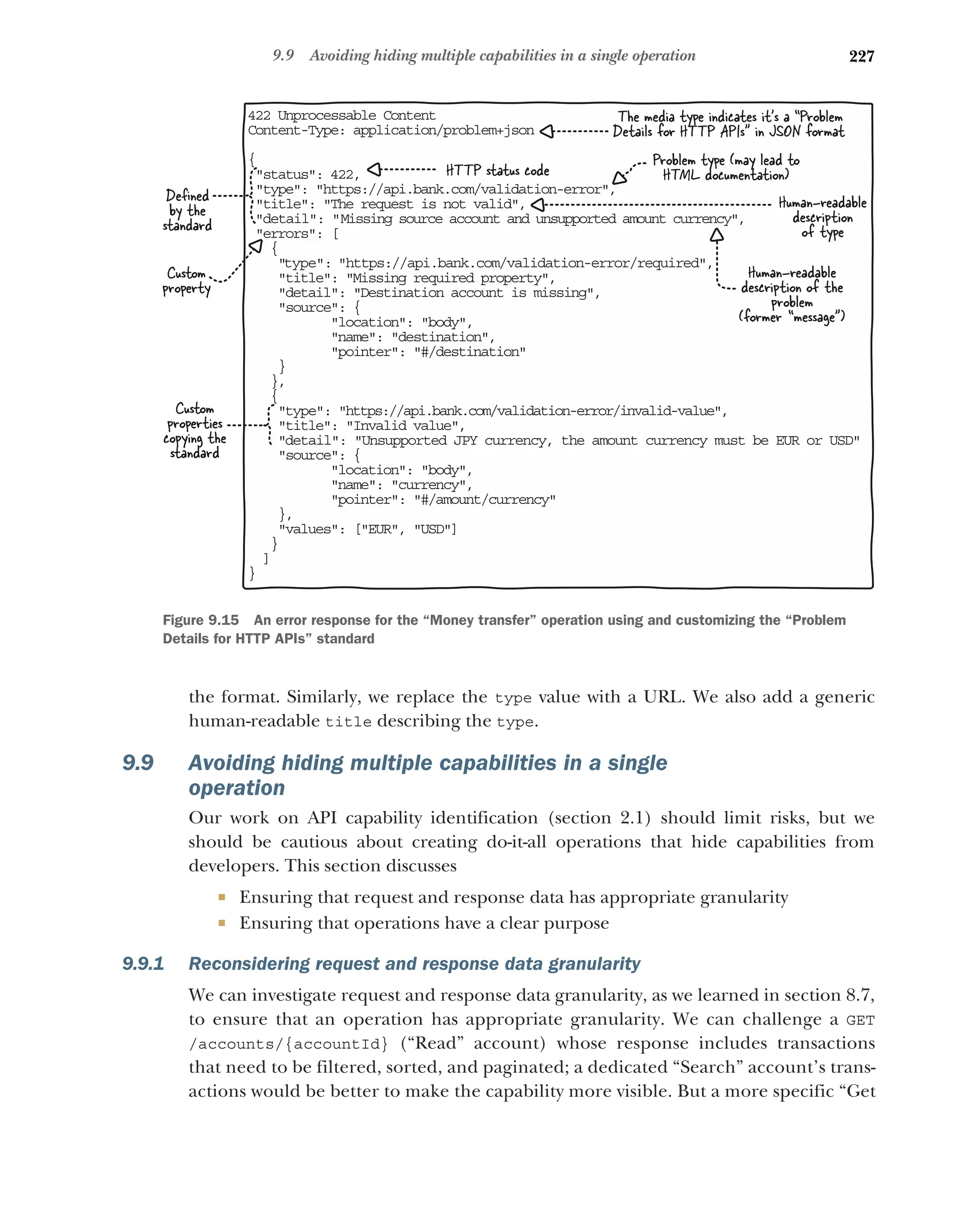 227
9.9 Avoiding hiding multiple capabilities in a single operation
the format. Similarly, we replace the type value with a URL. We also add a generic
human-readable title describing the type.
9.9 Avoiding hiding multiple capabilities in a single
operation
Our work on API capability identification (section 2.1) should limit risks, but we
should be cautious about creating do-it-all operations that hide capabilities from
developers. This section discusses
 Ensuring that request and response data has appropriate granularity
 Ensuring that operations have a clear purpose
9.9.1 Reconsidering request and response data granularity
We can investigate request and response data granularity, as we learned in section 8.7,
to ensure that an operation has appropriate granularity. We can challenge a GET
/accounts/{accountId} (“Read” account) whose response includes transactions
that need to be filtered, sorted, and paginated; a dedicated “Search” account’s trans-
actions would be better to make the capability more visible. But a more specific “Get
42 Unprocessable Content
2
Co tent-Type: application/problem+json
n
{
 tatus: 422,
s
 ype: https://api.bank.com/validation-error,
t
 itle: The request is not valid,
t
detail: Missing source account and unsupported amount currency,
 rrors: [
e
{
type: https://api.bank.com/validation-error/required,
title: Missing required property,
detail: Destination account is missing,
source: {
location: body,
name: destination,
pointer: #/destination
}
},
{
type: https://api.bank.com/validation-error/invalid-value,
title: Invalid value,
detail: Unsupported JPY currency, the amount currency must be EUR or USD
source: {
location: body,
name: currency,
pointer: #/amount/currency
},
values: [EUR, USD]
}
]
}
HTTP status code
The media type indicates it’s a “Problem
Details for HTTP APIs” in JSON format
Problem type (may lead to
HTML documentation)
Human-readable
description
of type
Human-readable
description of the
problem
(former “message”)
Custom
properties
copying the
standard
Deﬁned
by the
standard
Custom
property
Figure 9.15 An error response for the “Money transfer” operation using and customizing the “Problem
Details for HTTP APIs” standard
 