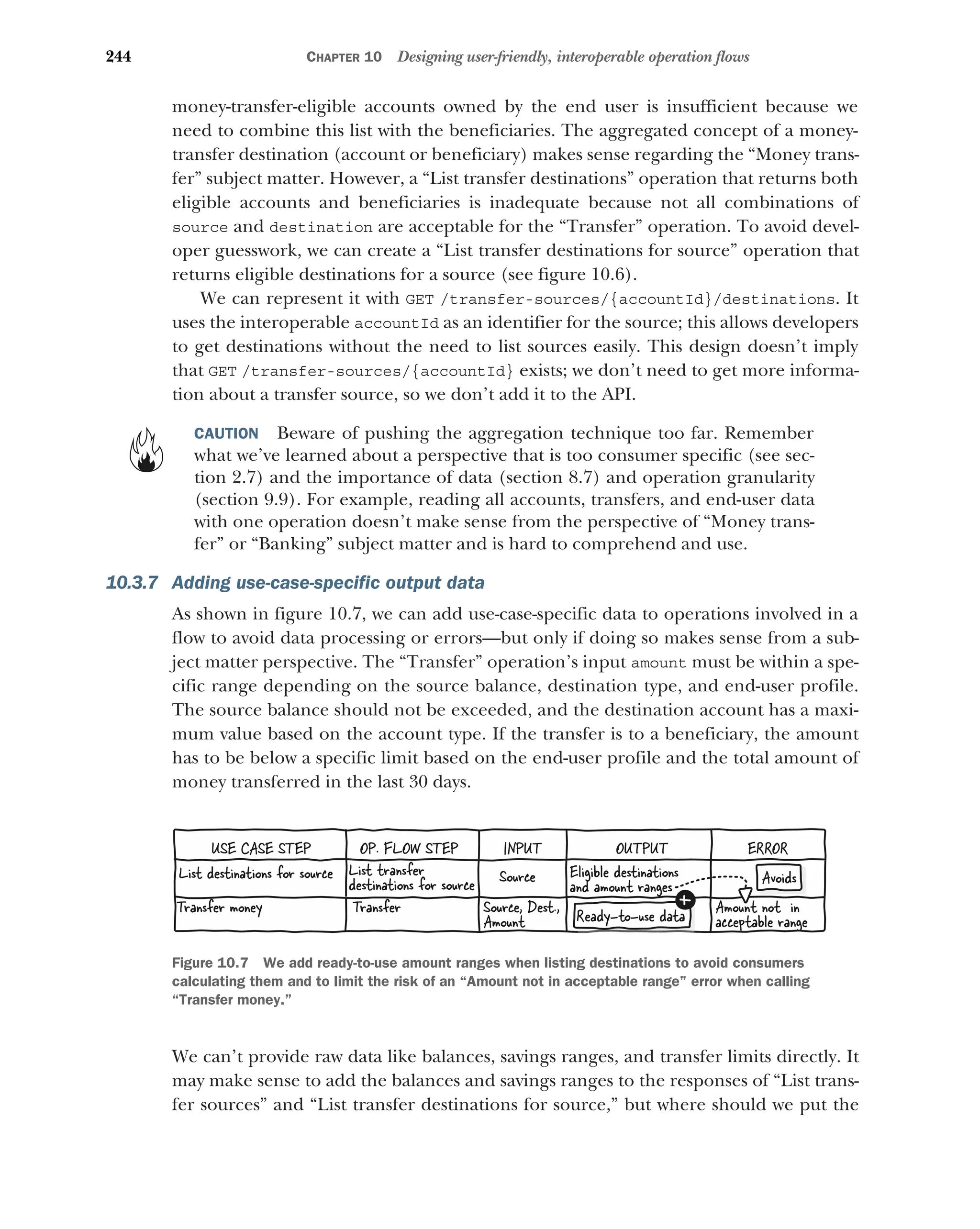 244 CHAPTER 10 Designing user-friendly, interoperable operation flows
money-transfer-eligible accounts owned by the end user is insufficient because we
need to combine this list with the beneficiaries. The aggregated concept of a money-
transfer destination (account or beneficiary) makes sense regarding the “Money trans-
fer” subject matter. However, a “List transfer destinations” operation that returns both
eligible accounts and beneficiaries is inadequate because not all combinations of
source and destination are acceptable for the “Transfer” operation. To avoid devel-
oper guesswork, we can create a “List transfer destinations for source” operation that
returns eligible destinations for a source (see figure 10.6).
We can represent it with GET /transfer-sources/{accountId}/destinations. It
uses the interoperable accountId as an identifier for the source; this allows developers
to get destinations without the need to list sources easily. This design doesn’t imply
that GET /transfer-sources/{accountId} exists; we don’t need to get more informa-
tion about a transfer source, so we don’t add it to the API.
CAUTION Beware of pushing the aggregation technique too far. Remember
what we’ve learned about a perspective that is too consumer specific (see sec-
tion 2.7) and the importance of data (section 8.7) and operation granularity
(section 9.9). For example, reading all accounts, transfers, and end-user data
with one operation doesn’t make sense from the perspective of “Money trans-
fer” or “Banking” subject matter and is hard to comprehend and use.
10.3.7 Adding use-case-specific output data
As shown in figure 10.7, we can add use-case-specific data to operations involved in a
flow to avoid data processing or errors—but only if doing so makes sense from a sub-
ject matter perspective. The “Transfer” operation’s input amount must be within a spe-
cific range depending on the source balance, destination type, and end-user profile.
The source balance should not be exceeded, and the destination account has a maxi-
mum value based on the account type. If the transfer is to a beneficiary, the amount
has to be below a specific limit based on the end-user profile and the total amount of
money transferred in the last 30 days.
We can’t provide raw data like balances, savings ranges, and transfer limits directly. It
may make sense to add the balances and savings ranges to the responses of “List trans-
fer sources” and “List transfer destinations for source,” but where should we put the
Transfer money Transfer
USE CASE STEP OP. FLOW STEP INPUT
Source, Dest.,
Amount
ERROR
OUTPUT
Amount not in
acceptable range
Ready-to-use data
List destinations for source Source Eligible destinations
and amount ranges
List transfer
destinations for source Avoids
Figure 10.7 We add ready-to-use amount ranges when listing destinations to avoid consumers
calculating them and to limit the risk of an “Amount not in acceptable range” error when calling
“Transfer money.”
 