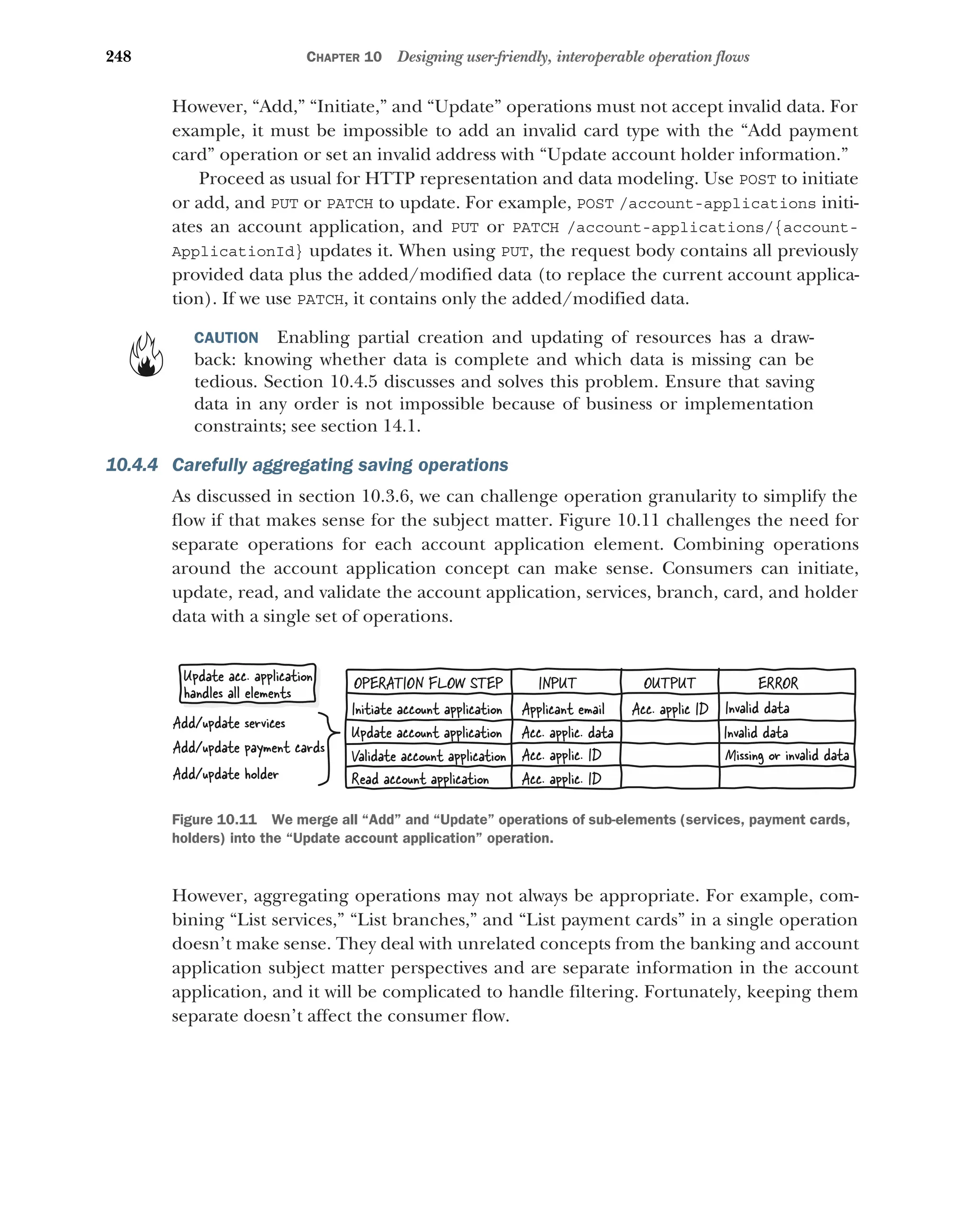 248 CHAPTER 10 Designing user-friendly, interoperable operation flows
However, “Add,” “Initiate,” and “Update” operations must not accept invalid data. For
example, it must be impossible to add an invalid card type with the “Add payment
card” operation or set an invalid address with “Update account holder information.”
Proceed as usual for HTTP representation and data modeling. Use POST to initiate
or add, and PUT or PATCH to update. For example, POST /account-applications initi-
ates an account application, and PUT or PATCH /account-applications/{account-
ApplicationId} updates it. When using PUT, the request body contains all previously
provided data plus the added/modified data (to replace the current account applica-
tion). If we use PATCH, it contains only the added/modified data.
CAUTION Enabling partial creation and updating of resources has a draw-
back: knowing whether data is complete and which data is missing can be
tedious. Section 10.4.5 discusses and solves this problem. Ensure that saving
data in any order is not impossible because of business or implementation
constraints; see section 14.1.
10.4.4 Carefully aggregating saving operations
As discussed in section 10.3.6, we can challenge operation granularity to simplify the
flow if that makes sense for the subject matter. Figure 10.11 challenges the need for
separate operations for each account application element. Combining operations
around the account application concept can make sense. Consumers can initiate,
update, read, and validate the account application, services, branch, card, and holder
data with a single set of operations.
However, aggregating operations may not always be appropriate. For example, com-
bining “List services,” “List branches,” and “List payment cards” in a single operation
doesn’t make sense. They deal with unrelated concepts from the banking and account
application subject matter perspectives and are separate information in the account
application, and it will be complicated to handle filtering. Fortunately, keeping them
separate doesn’t affect the consumer flow.
Initiate account application
OPERATION FLOW STEP INPUT ERROR
OUTPUT
Validate account application
Read account application Acc. applic. ID
Acc. applic. ID
Acc. applic ID
Missing or invalid data
Update acc. application
handles all elements
Applicant email
Update account application Acc. applic. data Invalid data
Invalid data
Add/update services
Add/update payment cards
Add/update holder
Figure 10.11 We merge all “Add” and “Update” operations of sub-elements (services, payment cards,
holders) into the “Update account application” operation.
 