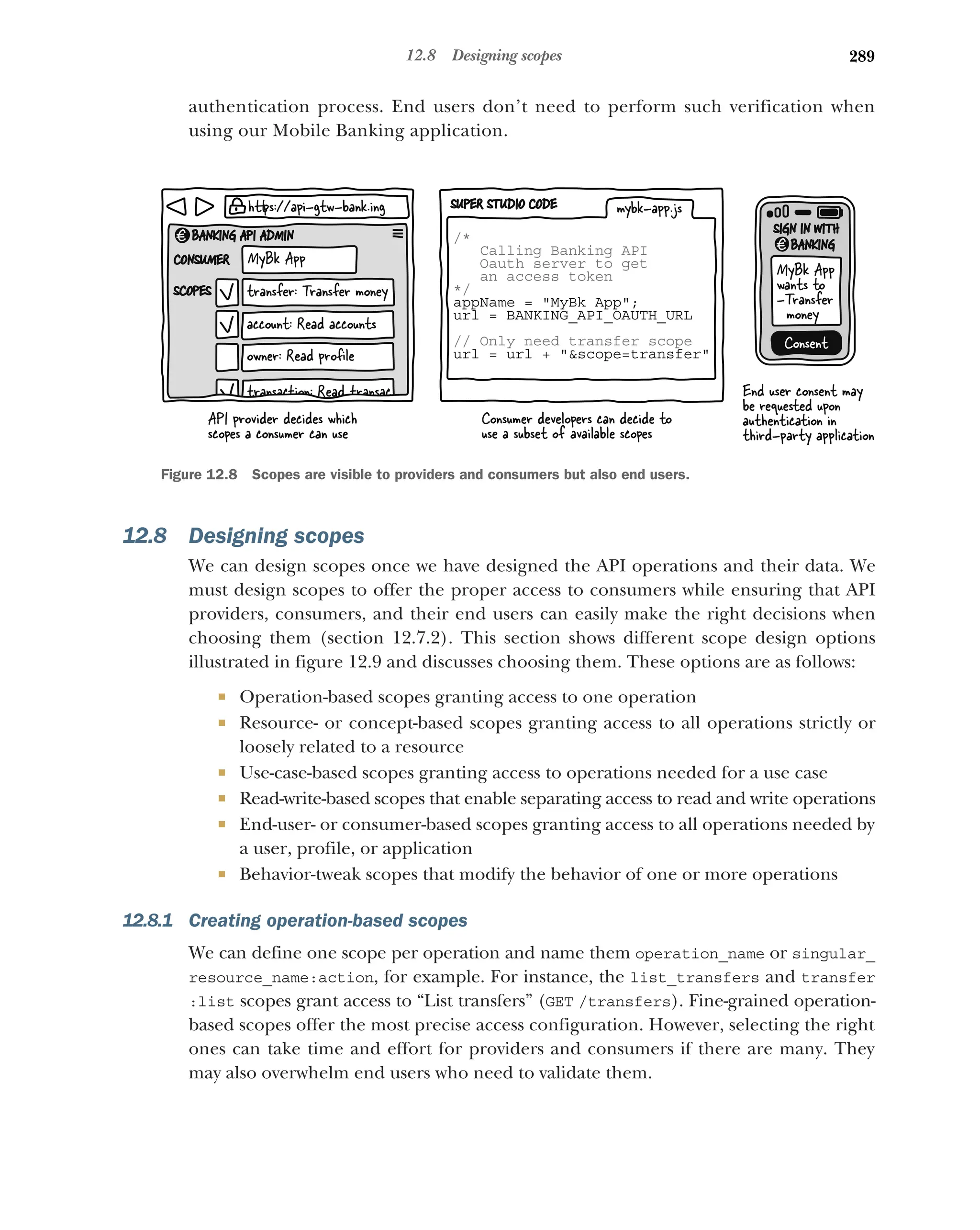 289
12.8 Designing scopes
authentication process. End users don’t need to perform such verification when
using our Mobile Banking application.
12.8 Designing scopes
We can design scopes once we have designed the API operations and their data. We
must design scopes to offer the proper access to consumers while ensuring that API
providers, consumers, and their end users can easily make the right decisions when
choosing them (section 12.7.2). This section shows different scope design options
illustrated in figure 12.9 and discusses choosing them. These options are as follows:
 Operation-based scopes granting access to one operation
 Resource- or concept-based scopes granting access to all operations strictly or
loosely related to a resource
 Use-case-based scopes granting access to operations needed for a use case
 Read-write-based scopes that enable separating access to read and write operations
 End-user- or consumer-based scopes granting access to all operations needed by
a user, profile, or application
 Behavior-tweak scopes that modify the behavior of one or more operations
12.8.1 Creating operation-based scopes
We can define one scope per operation and name them operation_name or singular_
resource_name:action, for example. For instance, the list_transfers and transfer
:list scopes grant access to “List transfers” (GET /transfers). Fine-grained operation-
based scopes offer the most precise access configuration. However, selecting the right
ones can take time and effort for providers and consumers if there are many. They
may also overwhelm end users who need to validate them.
h ps://api-gtw-bank.ing
MyBk App
CONSUMER
SCOPES
BANKING API ADMIN
€
transfer: Transfer money
account: Read accounts
owner: Read proﬁle
transaction: Read transac
API provider decides which
scopes a consumer can use
Consumer developers can decide to
use a subset of available scopes
End user consent may
be requested upon
authentication in
third-party application
SUPER STUDIO CODE
/*
Calling Banking API
Oauth server to get
an access token
*/
appName = MyBk App;
url = BANKING_API_OAUTH_URL
// Only need transfer scope
url = url + scope=transfer
mybk-app.js
BANKING
MyBk App
wants to
-Transfer
money
€
Consent
SIGN IN WITH
Figure 12.8 Scopes are visible to providers and consumers but also end users.
 