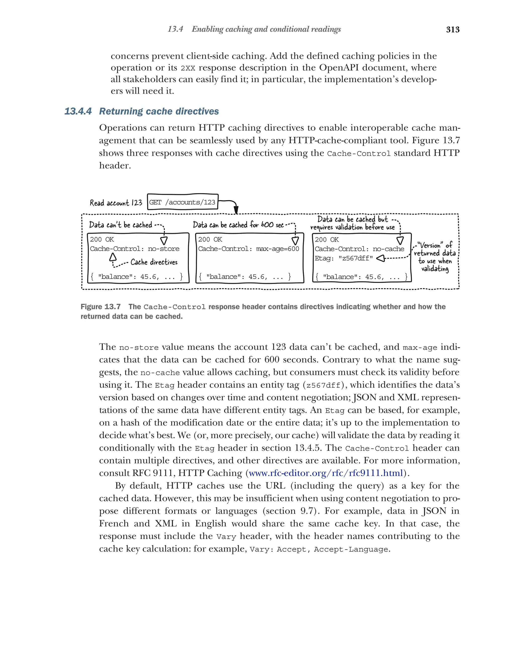 313
13.4 Enabling caching and conditional readings
concerns prevent client-side caching. Add the defined caching policies in the
operation or its 2XX response description in the OpenAPI document, where
all stakeholders can easily find it; in particular, the implementation’s develop-
ers will need it.
13.4.4 Returning cache directives
Operations can return HTTP caching directives to enable interoperable cache man-
agement that can be seamlessly used by any HTTP-cache-compliant tool. Figure 13.7
shows three responses with cache directives using the Cache-Control standard HTTP
header.
The no-store value means the account 123 data can’t be cached, and max-age indi-
cates that the data can be cached for 600 seconds. Contrary to what the name sug-
gests, the no-cache value allows caching, but consumers must check its validity before
using it. The Etag header contains an entity tag (z567dff), which identifies the data’s
version based on changes over time and content negotiation; JSON and XML represen-
tations of the same data have different entity tags. An Etag can be based, for example,
on a hash of the modification date or the entire data; it’s up to the implementation to
decide what’s best. We (or, more precisely, our cache) will validate the data by reading it
conditionally with the Etag header in section 13.4.5. The Cache-Control header can
contain multiple directives, and other directives are available. For more information,
consult RFC 9111, HTTP Caching (www.rfc-editor.org/rfc/rfc9111.html).
By default, HTTP caches use the URL (including the query) as a key for the
cached data. However, this may be insufficient when using content negotiation to pro-
pose different formats or languages (section 9.7). For example, data in JSON in
French and XML in English would share the same cache key. In that case, the
response must include the Vary header, with the header names contributing to the
cache key calculation: for example, Vary: Accept, Accept-Language.
Data can be cached but
requires validation before use
200 OK
Cache-Control: no-store
{ balance: 45.6, ... }
200 OK
Cache-Control: max-age=600
{ balance: 45.6, ... }
200 OK
Cache-Control: no-cache
Etag: z567dff
{ balance: 45.6, ... }
Cache directives
Data can’t be cached Data can be cached for 600 sec
“Version” of
returned data
to use when
validating
GET /accounts/123
Read account 123
Figure 13.7 The Cache-Control response header contains directives indicating whether and how the
returned data can be cached.
 