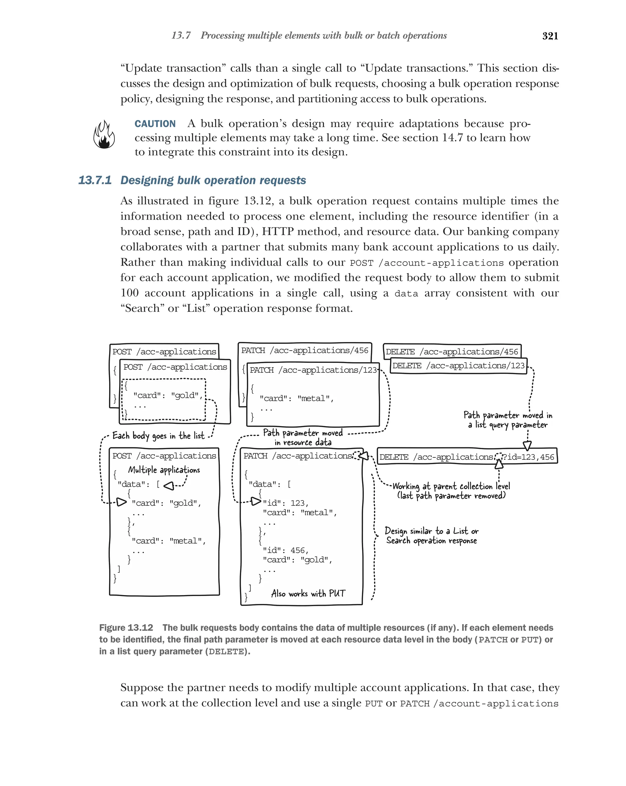321
13.7 Processing multiple elements with bulk or batch operations
“Update transaction” calls than a single call to “Update transactions.” This section dis-
cusses the design and optimization of bulk requests, choosing a bulk operation response
policy, designing the response, and partitioning access to bulk operations.
CAUTION A bulk operation’s design may require adaptations because pro-
cessing multiple elements may take a long time. See section 14.7 to learn how
to integrate this constraint into its design.
13.7.1 Designing bulk operation requests
As illustrated in figure 13.12, a bulk operation request contains multiple times the
information needed to process one element, including the resource identifier (in a
broad sense, path and ID), HTTP method, and resource data. Our banking company
collaborates with a partner that submits many bank account applications to us daily.
Rather than making individual calls to our POST /account-applications operation
for each account application, we modified the request body to allow them to submit
100 account applications in a single call, using a data array consistent with our
“Search” or “List” operation response format.
Suppose the partner needs to modify multiple account applications. In that case, they
can work at the collection level and use a single PUT or PATCH /account-applications
Path parameter moved in
a list query parameter
PO T /acc-applications
S
{
card: gold,

..
.
}
PO T /acc-applications
S
{
 ata: [
d
{
card: gold,
...
},
{
card: metal,
...
}
]
}
Design similar to a List or
Search operation response
PA CH /acc-applications/456
T
{
card: metal,

..
.
}
PA CH /acc-applications
T
{
 ata: [
d
{
id: 123,
card: metal,
...
},
{
id: 456,
card: gold,
...
}
]
}
PO T /acc-applications
S
{
card: gold,

..
.
}
PA CH /acc-applications/123
T
{
card: metal,

..
.
}
DE ETE /acc-applications/456
L
DE ETE /acc-applications/123
L
DE ETE /acc-applications ?id=123,456
L
Working at parent collection level
(last path parameter removed)
Path parameter moved
in resource data
Multiple applications
Each body goes in the list
Also works with PUT
Figure 13.12 The bulk requests body contains the data of multiple resources (if any). If each element needs
to be identified, the final path parameter is moved at each resource data level in the body (PATCH or PUT) or
in a list query parameter (DELETE).
 