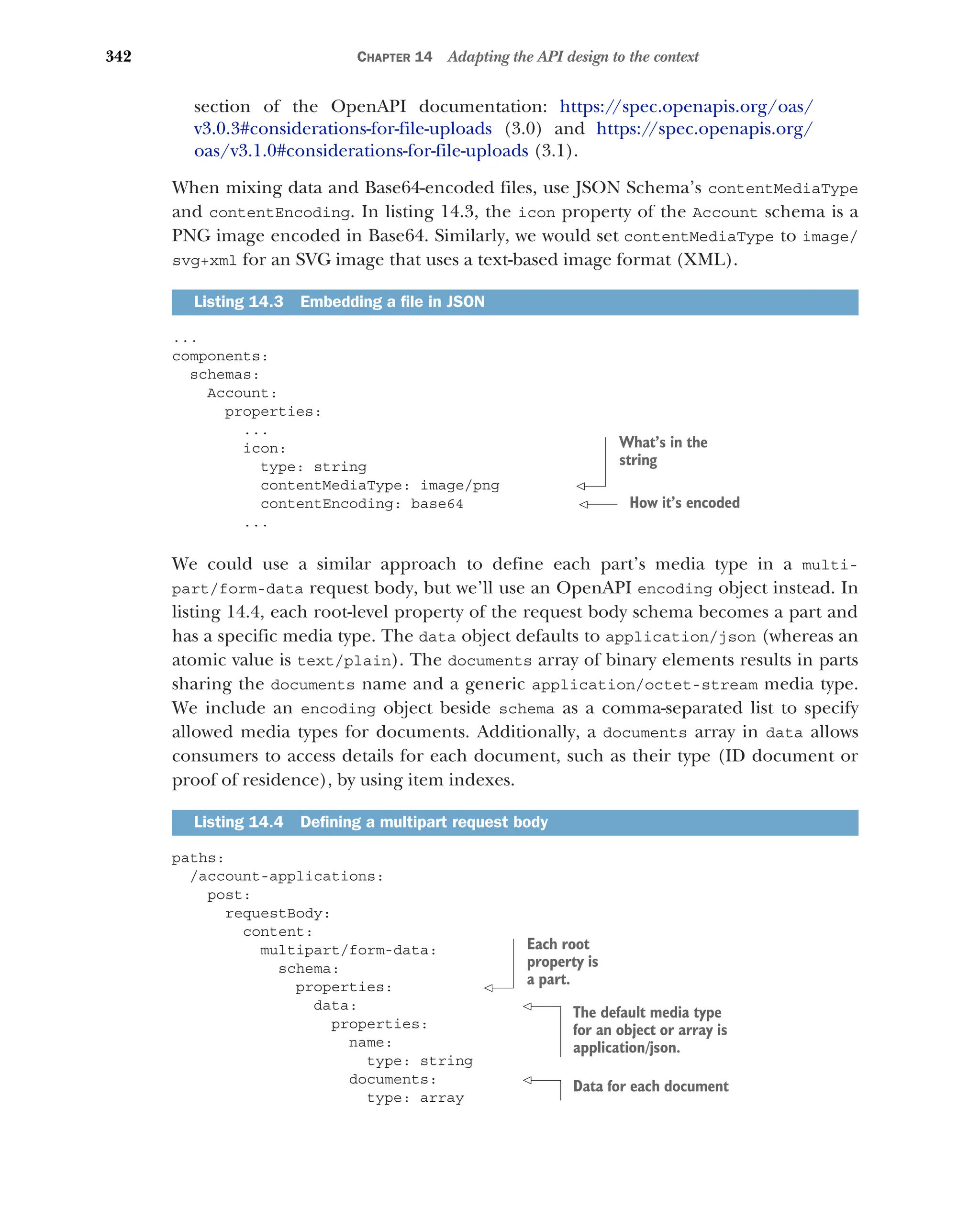 342 CHAPTER 14 Adapting the API design to the context
section of the OpenAPI documentation: https:/
/spec.openapis.org/oas/
v3.0.3#considerations-for-file-uploads (3.0) and https:/
/spec.openapis.org/
oas/v3.1.0#considerations-for-file-uploads (3.1).
When mixing data and Base64-encoded files, use JSON Schema’s contentMediaType
and contentEncoding. In listing 14.3, the icon property of the Account schema is a
PNG image encoded in Base64. Similarly, we would set contentMediaType to image/
svg+xml for an SVG image that uses a text-based image format (XML).
...
components:
schemas:
Account:
properties:
...
icon:
type: string
contentMediaType: image/png
contentEncoding: base64
...
We could use a similar approach to define each part’s media type in a multi-
part/form-data request body, but we’ll use an OpenAPI encoding object instead. In
listing 14.4, each root-level property of the request body schema becomes a part and
has a specific media type. The data object defaults to application/json (whereas an
atomic value is text/plain). The documents array of binary elements results in parts
sharing the documents name and a generic application/octet-stream media type.
We include an encoding object beside schema as a comma-separated list to specify
allowed media types for documents. Additionally, a documents array in data allows
consumers to access details for each document, such as their type (ID document or
proof of residence), by using item indexes.
paths:
/account-applications:
post:
requestBody:
content:
multipart/form-data:
schema:
properties:
data:
properties:
name:
type: string
documents:
type: array
Listing 14.3 Embedding a file in JSON
Listing 14.4 Defining a multipart request body
What’s in the
string
How it’s encoded
Each root
property is
a part.
The default media type
for an object or array is
application/json.
Data for each document
 