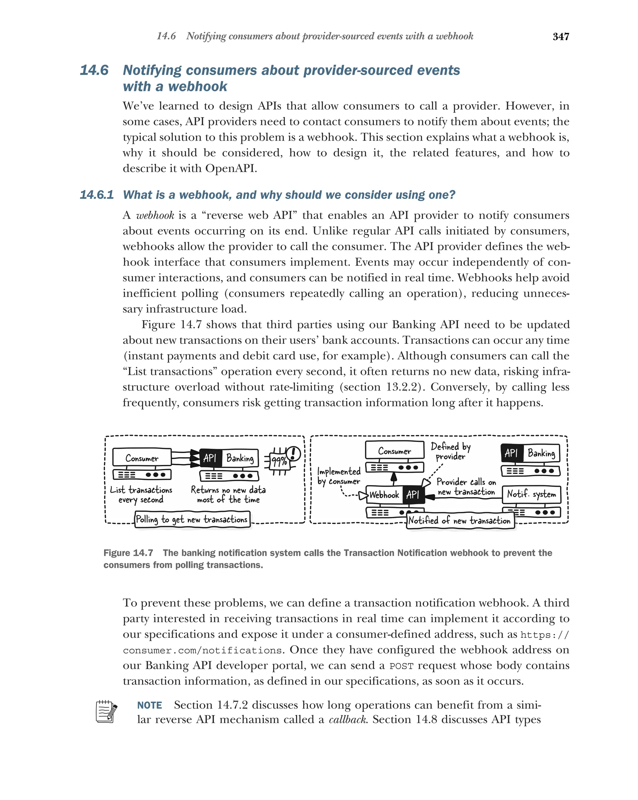 347
14.6 Notifying consumers about provider-sourced events with a webhook
14.6 Notifying consumers about provider-sourced events
with a webhook
We’ve learned to design APIs that allow consumers to call a provider. However, in
some cases, API providers need to contact consumers to notify them about events; the
typical solution to this problem is a webhook. This section explains what a webhook is,
why it should be considered, how to design it, the related features, and how to
describe it with OpenAPI.
14.6.1 What is a webhook, and why should we consider using one?
A webhook is a “reverse web API” that enables an API provider to notify consumers
about events occurring on its end. Unlike regular API calls initiated by consumers,
webhooks allow the provider to call the consumer. The API provider defines the web-
hook interface that consumers implement. Events may occur independently of con-
sumer interactions, and consumers can be notified in real time. Webhooks help avoid
inefficient polling (consumers repeatedly calling an operation), reducing unneces-
sary infrastructure load.
Figure 14.7 shows that third parties using our Banking API need to be updated
about new transactions on their users’ bank accounts. Transactions can occur any time
(instant payments and debit card use, for example). Although consumers can call the
“List transactions” operation every second, it often returns no new data, risking infra-
structure overload without rate-limiting (section 13.2.2). Conversely, by calling less
frequently, consumers risk getting transaction information long after it happens.
To prevent these problems, we can define a transaction notification webhook. A third
party interested in receiving transactions in real time can implement it according to
our specifications and expose it under a consumer-defined address, such as https://
consumer.com/notifications. Once they have configured the webhook address on
our Banking API developer portal, we can send a POST request whose body contains
transaction information, as defined in our specifications, as soon as it occurs.
NOTE Section 14.7.2 discusses how long operations can benefit from a simi-
lar reverse API mechanism called a callback. Section 14.8 discusses API types
Consumer Banking
API
Webhook API
Consumer Banking
API
Notif. system
List transactions
every second
Polling to get new transactions Notiﬁed of new transaction
Deﬁned by
provider
Implemented
by consumer Provider calls on
new transaction
Returns no new data
most of the time
99%
Figure 14.7 The banking notification system calls the Transaction Notification webhook to prevent the
consumers from polling transactions.
 