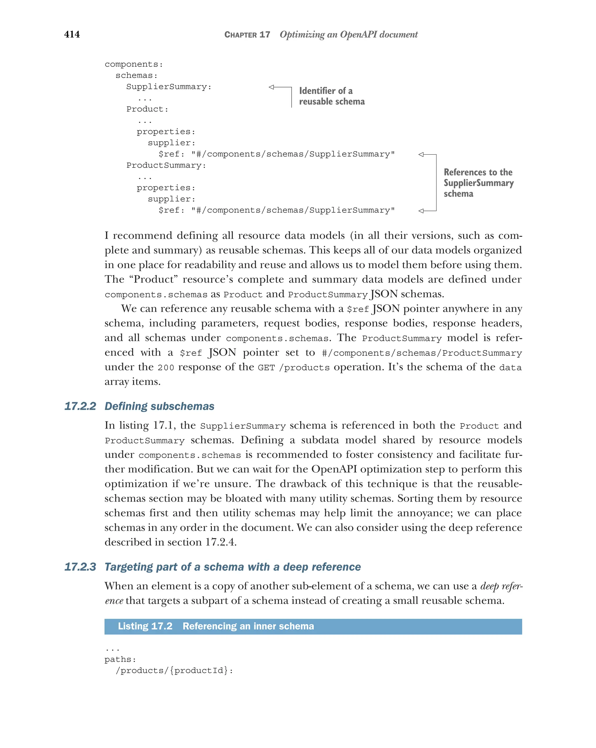 414 CHAPTER 17 Optimizing an OpenAPI document
components:
schemas:
SupplierSummary:
...
Product:
...
properties:
supplier:
$ref: #/components/schemas/SupplierSummary
ProductSummary:
...
properties:
supplier:
$ref: #/components/schemas/SupplierSummary
I recommend defining all resource data models (in all their versions, such as com-
plete and summary) as reusable schemas. This keeps all of our data models organized
in one place for readability and reuse and allows us to model them before using them.
The “Product” resource’s complete and summary data models are defined under
components.schemas as Product and ProductSummary JSON schemas.
We can reference any reusable schema with a $ref JSON pointer anywhere in any
schema, including parameters, request bodies, response bodies, response headers,
and all schemas under components.schemas. The ProductSummary model is refer-
enced with a $ref JSON pointer set to #/components/schemas/ProductSummary
under the 200 response of the GET /products operation. It’s the schema of the data
array items.
17.2.2 Defining subschemas
In listing 17.1, the SupplierSummary schema is referenced in both the Product and
ProductSummary schemas. Defining a subdata model shared by resource models
under components.schemas is recommended to foster consistency and facilitate fur-
ther modification. But we can wait for the OpenAPI optimization step to perform this
optimization if we’re unsure. The drawback of this technique is that the reusable-
schemas section may be bloated with many utility schemas. Sorting them by resource
schemas first and then utility schemas may help limit the annoyance; we can place
schemas in any order in the document. We can also consider using the deep reference
described in section 17.2.4.
17.2.3 Targeting part of a schema with a deep reference
When an element is a copy of another sub-element of a schema, we can use a deep refer-
ence that targets a subpart of a schema instead of creating a small reusable schema.
...
paths:
/products/{productId}:
Listing 17.2 Referencing an inner schema
Identifier of a
reusable schema
References to the
SupplierSummary
schema
 