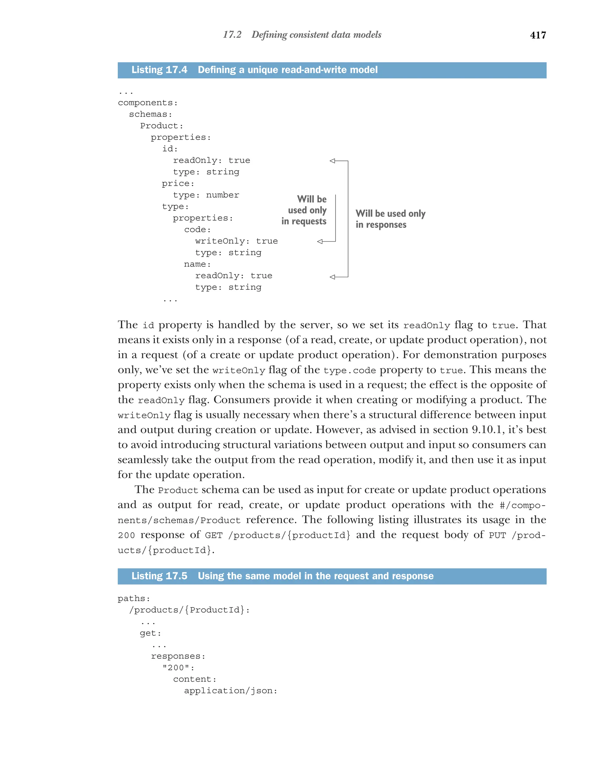 417
17.2 Defining consistent data models
...
components:
schemas:
Product:
properties:
id:
readOnly: true
type: string
price:
type: number
type:
properties:
code:
writeOnly: true
type: string
name:
readOnly: true
type: string
...
The id property is handled by the server, so we set its readOnly flag to true. That
means it exists only in a response (of a read, create, or update product operation), not
in a request (of a create or update product operation). For demonstration purposes
only, we’ve set the writeOnly flag of the type.code property to true. This means the
property exists only when the schema is used in a request; the effect is the opposite of
the readOnly flag. Consumers provide it when creating or modifying a product. The
writeOnly flag is usually necessary when there’s a structural difference between input
and output during creation or update. However, as advised in section 9.10.1, it’s best
to avoid introducing structural variations between output and input so consumers can
seamlessly take the output from the read operation, modify it, and then use it as input
for the update operation.
The Product schema can be used as input for create or update product operations
and as output for read, create, or update product operations with the #/compo-
nents/schemas/Product reference. The following listing illustrates its usage in the
200 response of GET /products/{productId} and the request body of PUT /prod-
ucts/{productId}.
paths:
/products/{ProductId}:
...
get:
...
responses:
200:
content:
application/json:
Listing 17.4 Defining a unique read-and-write model
Listing 17.5 Using the same model in the request and response
Will be used only
in responses
Will be
used only
in requests
 