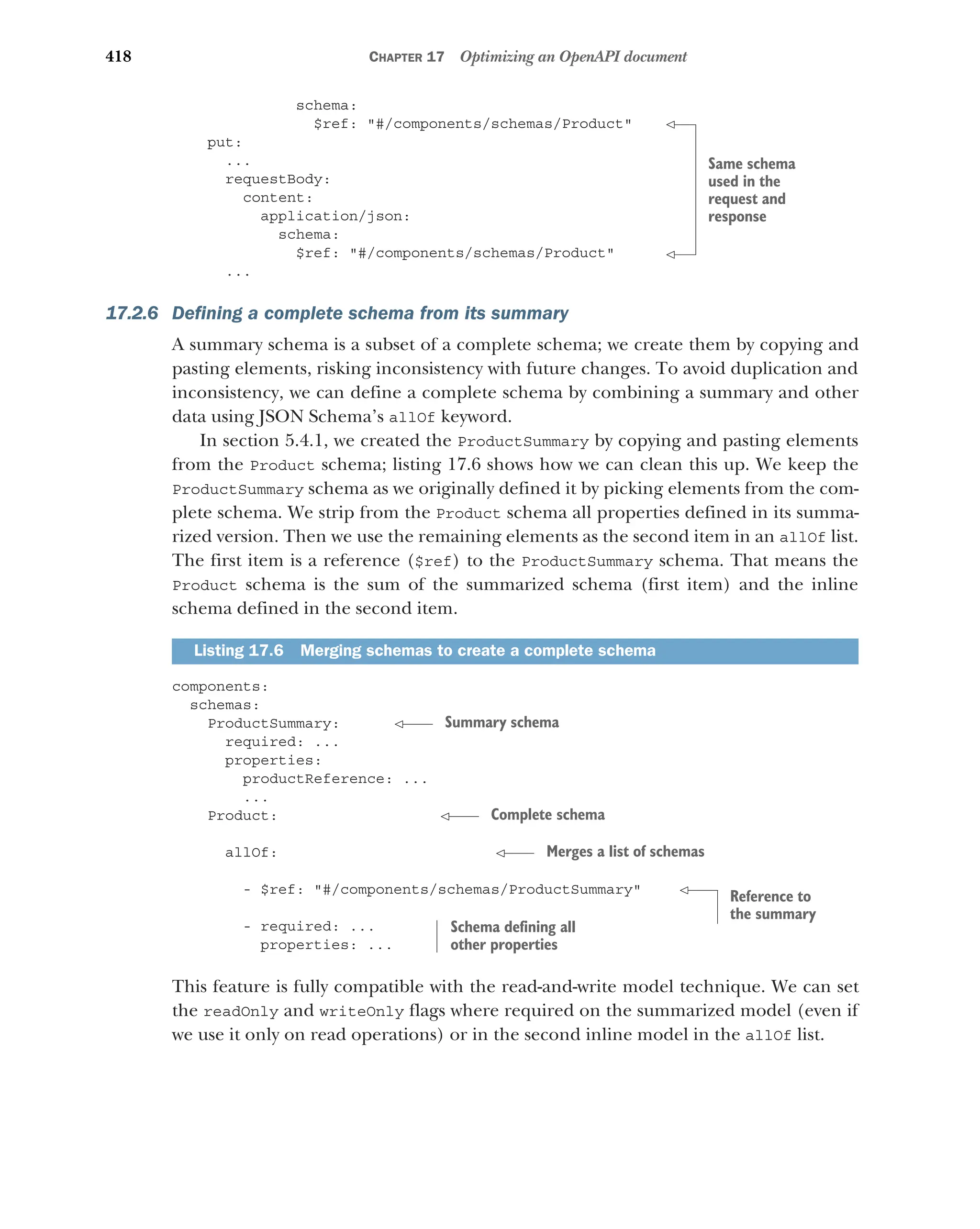 418 CHAPTER 17 Optimizing an OpenAPI document
schema:
$ref: #/components/schemas/Product
put:
...
requestBody:
content:
application/json:
schema:
$ref: #/components/schemas/Product
...
17.2.6 Defining a complete schema from its summary
A summary schema is a subset of a complete schema; we create them by copying and
pasting elements, risking inconsistency with future changes. To avoid duplication and
inconsistency, we can define a complete schema by combining a summary and other
data using JSON Schema’s allOf keyword.
In section 5.4.1, we created the ProductSummary by copying and pasting elements
from the Product schema; listing 17.6 shows how we can clean this up. We keep the
ProductSummary schema as we originally defined it by picking elements from the com-
plete schema. We strip from the Product schema all properties defined in its summa-
rized version. Then we use the remaining elements as the second item in an allOf list.
The first item is a reference ($ref) to the ProductSummary schema. That means the
Product schema is the sum of the summarized schema (first item) and the inline
schema defined in the second item.
components:
schemas:
ProductSummary:
required: ...
properties:
productReference: ...
...
Product:
allOf:
- $ref: #/components/schemas/ProductSummary
- required: ...
properties: ...
This feature is fully compatible with the read-and-write model technique. We can set
the readOnly and writeOnly flags where required on the summarized model (even if
we use it only on read operations) or in the second inline model in the allOf list.
Listing 17.6 Merging schemas to create a complete schema
Same schema
used in the
request and
response
Summary schema
Complete schema
Merges a list of schemas
Reference to
the summary
Schema defining all
other properties
 