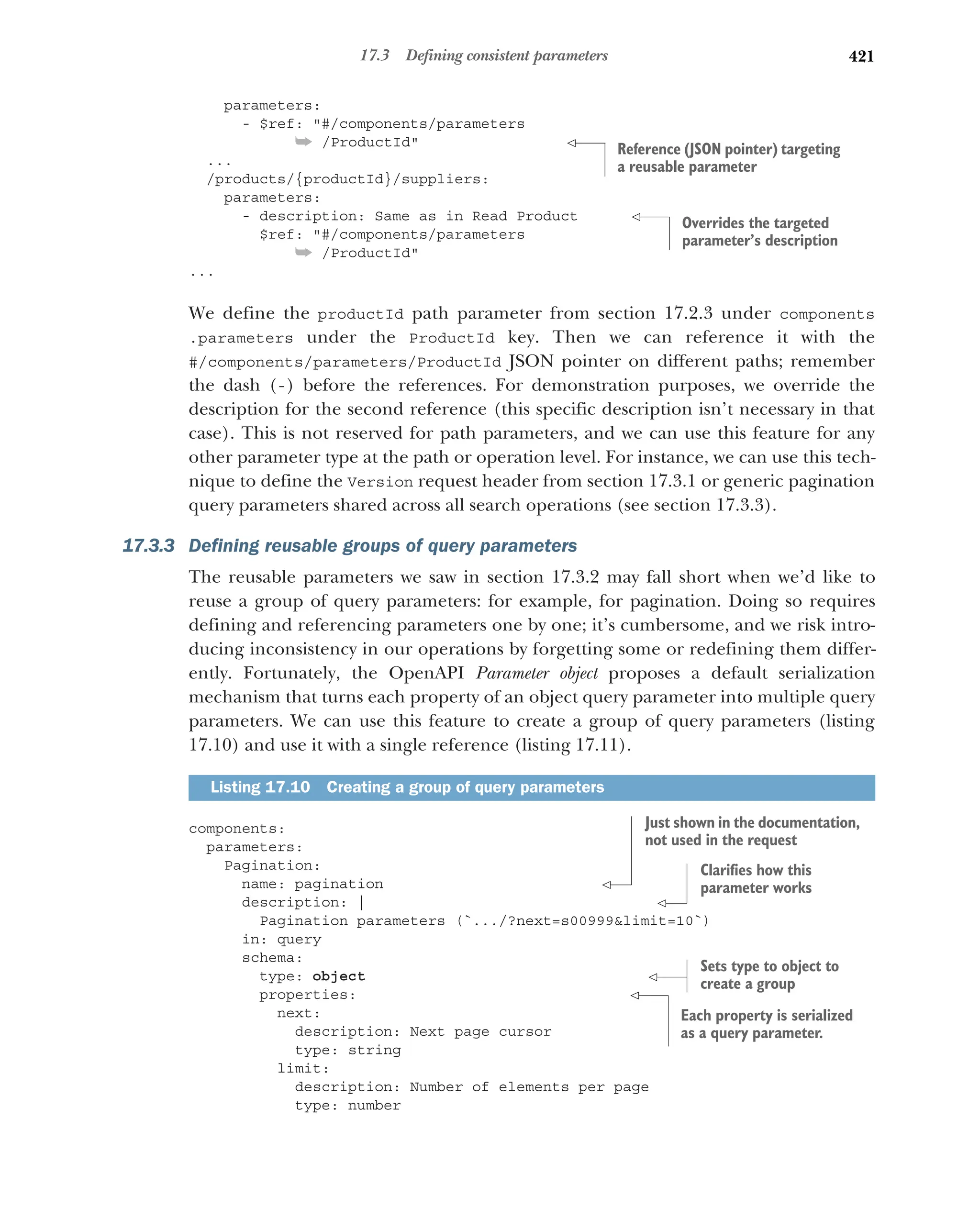 421
17.3 Defining consistent parameters
parameters:
- $ref: #/components/parameters
➥ /ProductId
...
/products/{productId}/suppliers:
parameters:
- description: Same as in Read Product
$ref: #/components/parameters
➥ /ProductId
...
We define the productId path parameter from section 17.2.3 under components
.parameters under the ProductId key. Then we can reference it with the
#/components/parameters/ProductId JSON pointer on different paths; remember
the dash (-) before the references. For demonstration purposes, we override the
description for the second reference (this specific description isn’t necessary in that
case). This is not reserved for path parameters, and we can use this feature for any
other parameter type at the path or operation level. For instance, we can use this tech-
nique to define the Version request header from section 17.3.1 or generic pagination
query parameters shared across all search operations (see section 17.3.3).
17.3.3 Defining reusable groups of query parameters
The reusable parameters we saw in section 17.3.2 may fall short when we’d like to
reuse a group of query parameters: for example, for pagination. Doing so requires
defining and referencing parameters one by one; it’s cumbersome, and we risk intro-
ducing inconsistency in our operations by forgetting some or redefining them differ-
ently. Fortunately, the OpenAPI Parameter object proposes a default serialization
mechanism that turns each property of an object query parameter into multiple query
parameters. We can use this feature to create a group of query parameters (listing
17.10) and use it with a single reference (listing 17.11).
components:
parameters:
Pagination:
name: pagination
description: |
Pagination parameters (`.../?next=s00999limit=10`)
in: query
schema:
type: object
properties:
next:
description: Next page cursor
type: string
limit:
description: Number of elements per page
type: number
Listing 17.10 Creating a group of query parameters
Reference (JSON pointer) targeting
a reusable parameter
Overrides the targeted
parameter’s description
Just shown in the documentation,
not used in the request
Clarifies how this
parameter works
Sets type to object to
create a group
Each property is serialized
as a query parameter.
 