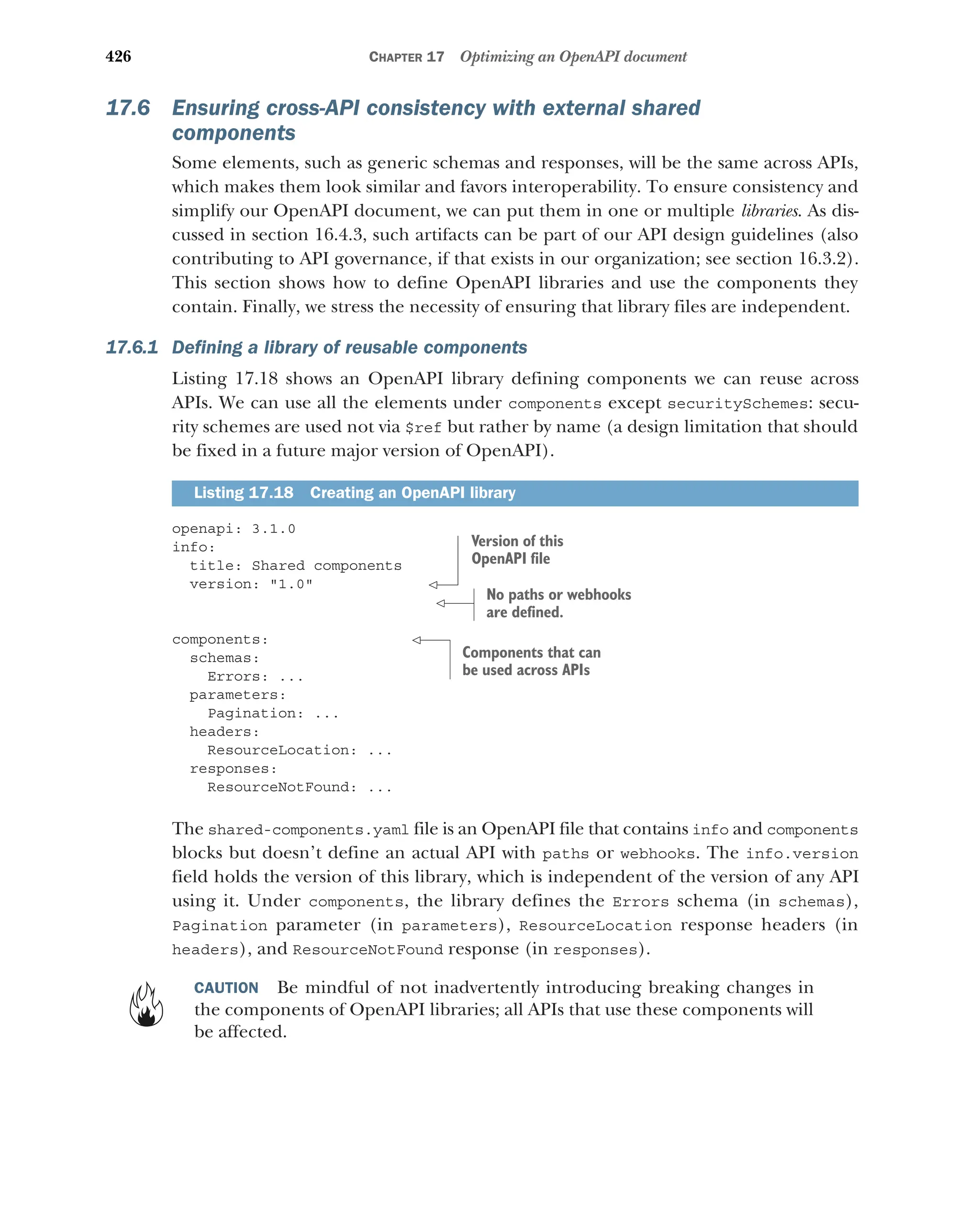 426 CHAPTER 17 Optimizing an OpenAPI document
17.6 Ensuring cross-API consistency with external shared
components
Some elements, such as generic schemas and responses, will be the same across APIs,
which makes them look similar and favors interoperability. To ensure consistency and
simplify our OpenAPI document, we can put them in one or multiple libraries. As dis-
cussed in section 16.4.3, such artifacts can be part of our API design guidelines (also
contributing to API governance, if that exists in our organization; see section 16.3.2).
This section shows how to define OpenAPI libraries and use the components they
contain. Finally, we stress the necessity of ensuring that library files are independent.
17.6.1 Defining a library of reusable components
Listing 17.18 shows an OpenAPI library defining components we can reuse across
APIs. We can use all the elements under components except securitySchemes: secu-
rity schemes are used not via $ref but rather by name (a design limitation that should
be fixed in a future major version of OpenAPI).
openapi: 3.1.0
info:
title: Shared components
version: 1.0
components:
schemas:
Errors: ...
parameters:
Pagination: ...
headers:
ResourceLocation: ...
responses:
ResourceNotFound: ...
The shared-components.yaml file is an OpenAPI file that contains info and components
blocks but doesn’t define an actual API with paths or webhooks. The info.version
field holds the version of this library, which is independent of the version of any API
using it. Under components, the library defines the Errors schema (in schemas),
Pagination parameter (in parameters), ResourceLocation response headers (in
headers), and ResourceNotFound response (in responses).
CAUTION Be mindful of not inadvertently introducing breaking changes in
the components of OpenAPI libraries; all APIs that use these components will
be affected.
Listing 17.18 Creating an OpenAPI library
Version of this
OpenAPI file
No paths or webhooks
are defined.
Components that can
be used across APIs
 