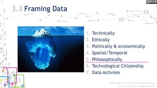 3.3 Framing Data
1. Technically
2. Ethically
3. Politically & economically
4. Spatial/Temporal
5. Philosophically
6. Technological Citizenship
7. Data Activism
Rob Kitchin, 2014, The Data Revolution, Sage.
Tracey P. Lauriault, engaged research
 