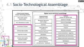 4.1 Socio-Technological Assemblage
Material Platform
(infrastructure – hardware)
Code Platform
(operating system)
Code/algorithms
(software)
Data(base)
Interface
Reception/Operation
(user/usage)
Systems of thought
Forms of knowledge
Finance
Political economies
Governmentalities - legalities
Organisations and institutions
Subjectivities and communities
Marketplace
System/process
performs a task
Context
frames the system/task
Digital socio-technical assemblage
HCI, Remediation studies
Critical code studies
Software studies
New media studies
Game studies
Critical Social Science
Science Technology Studies
Platform studies
Places
Practices
Flowline/Lifecycle
Surveillance Studies
Critical data studies
Algorithm Studies
Modified by Lauriault from Kitchin, 2014, The Data Revolution, Sage.
 