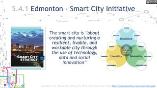 5.4.1 Edmonton - Smart City Initiative
The smart city is “about
creating and nurturing a
resilient, livable, and
workable city through
the use of technology,
data and social
innovation”
Lauriault, T. P. , Bloom, R. Landry, J.-N. 2018, Open Smart Cities Project https://www.opennorth.ca/open-smart-cities-guide
 