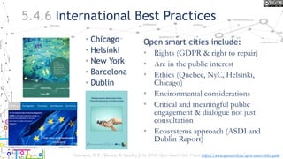 5.4.6 International Best Practices
• Chicago
• Helsinki
• New York
• Barcelona
• Dublin
Open smart cities include:
• Rights (GDPR & right to repair)
• Are in the public interest
• Ethics (Quebec, NyC, Helsinki,
Chicago)
• Environmental considerations
• Critical and meaningful public
engagement & dialogue not just
consultation
• Ecosystems approach (ASDI and
Dublin Report)
Lauriault, T. P. , Bloom, R. Landry, J.-N. 2018, Open Smart Cities Project https://www.opennorth.ca/open-smart-cities-guide
 