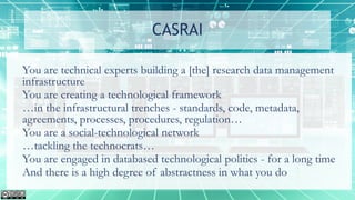 CASRAI
You are technical experts building a [the] research data management
infrastructure
You are creating a technological framework
…in the infrastructural trenches - standards, code, metadata,
agreements, processes, procedures, regulation…
You are a social-technological network
…tackling the technocrats…
You are engaged in databased technological politics - for a long time
And there is a high degree of abstractness in what you do
 