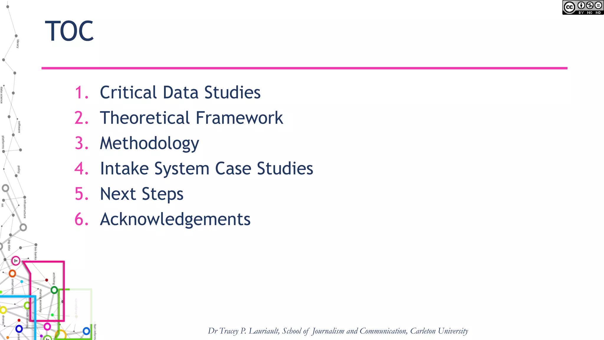 TOC
1. Critical Data Studies
2. Theoretical Framework
3. Methodology
4. Intake System Case Studies
5. Next Steps
6. Acknowledgements
Dr Tracey P. Lauriault, School of Journalism and Communication, Carleton University
 