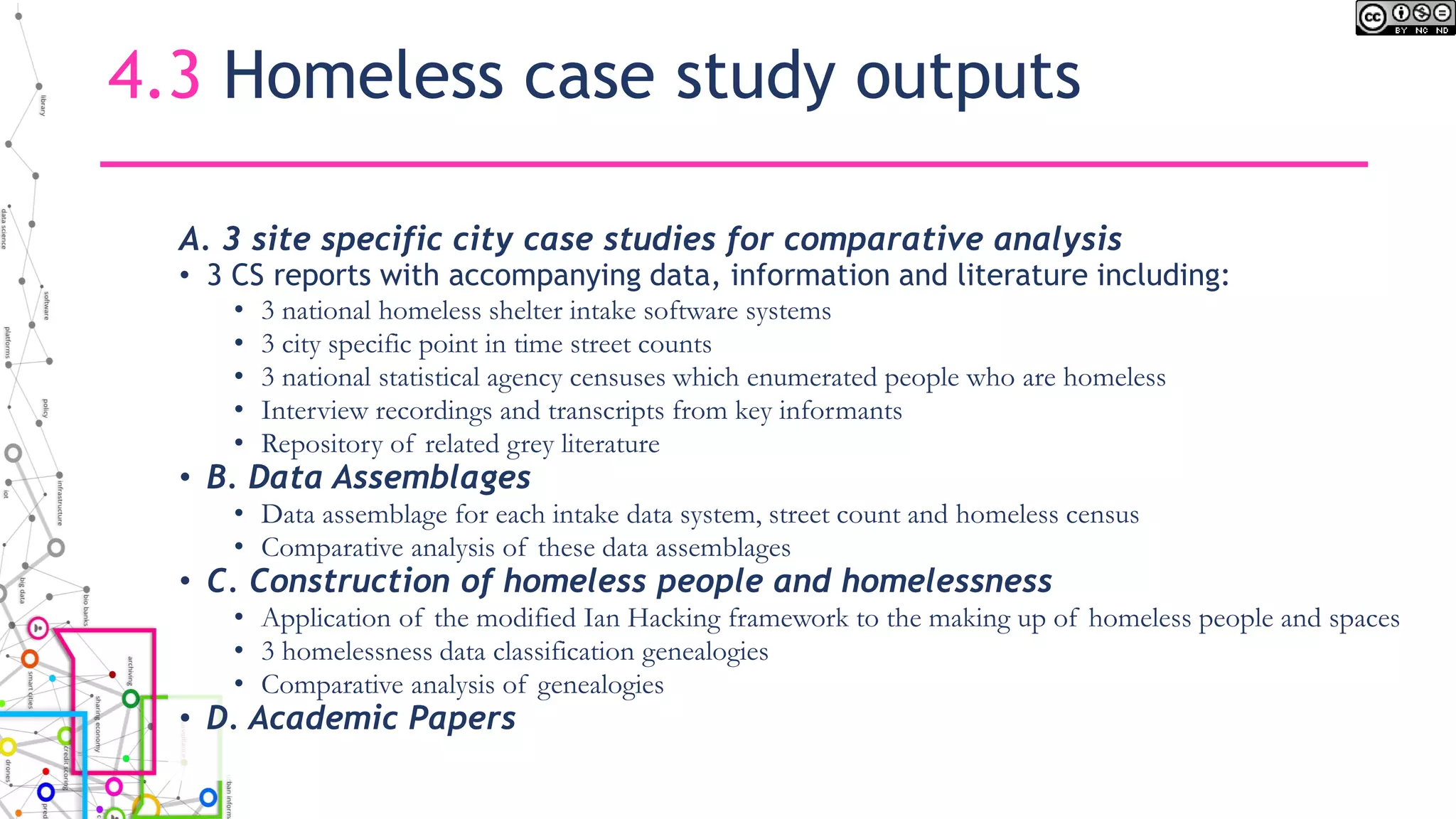 4.3 Homeless case study outputs
A. 3 site specific city case studies for comparative analysis
• 3 CS reports with accompanying data, information and literature including:
• 3 national homeless shelter intake software systems
• 3 city specific point in time street counts
• 3 national statistical agency censuses which enumerated people who are homeless
• Interview recordings and transcripts from key informants
• Repository of related grey literature
• B. Data Assemblages
• Data assemblage for each intake data system, street count and homeless census
• Comparative analysis of these data assemblages
• C. Construction of homeless people and homelessness
• Application of the modified Ian Hacking framework to the making up of homeless people and spaces
• 3 homelessness data classification genealogies
• Comparative analysis of genealogies
• D. Academic Papers
 