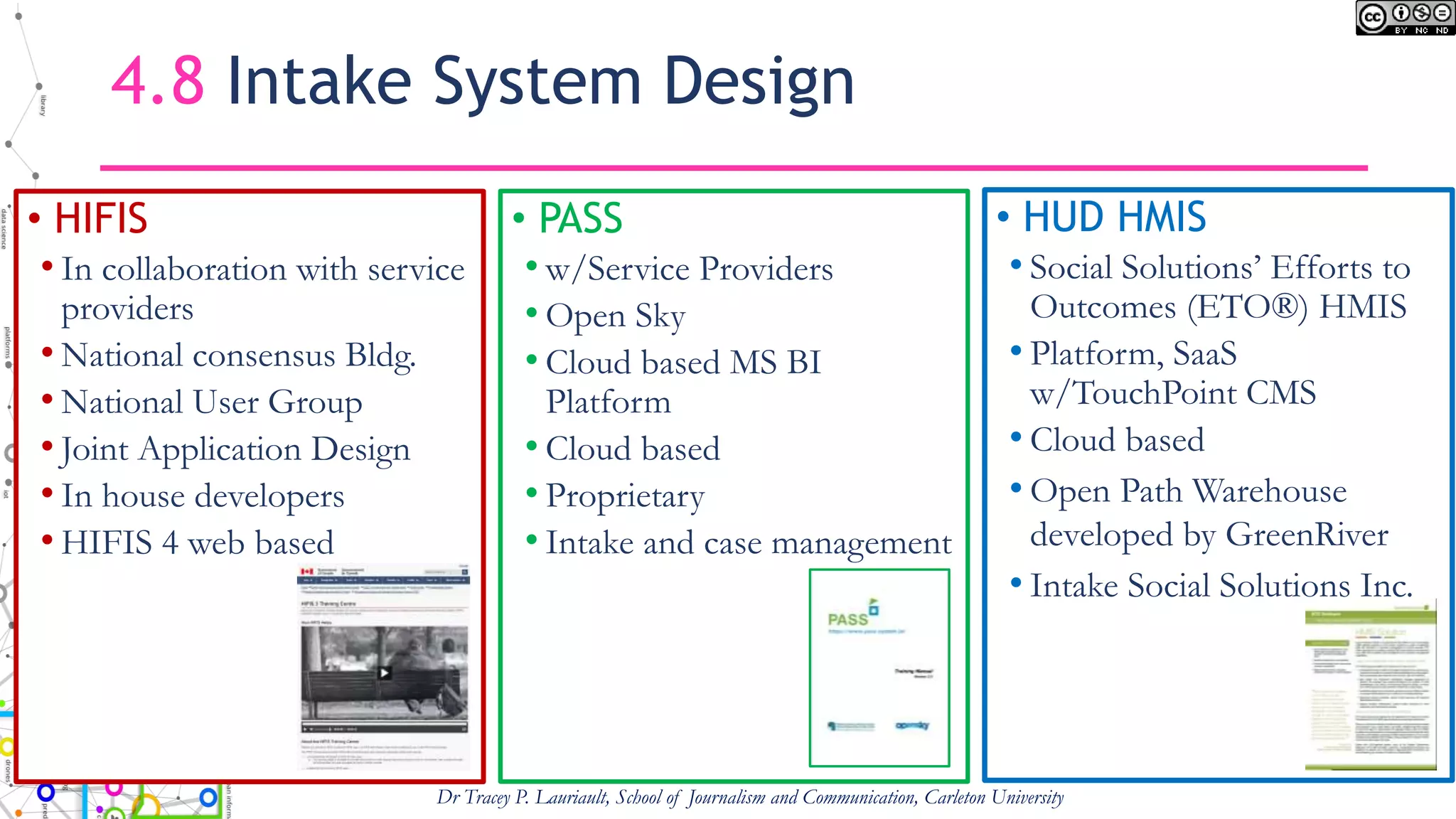 4.8 Intake System Design
• HIFIS
• In collaboration with service
providers
• National consensus Bldg.
• National User Group
• Joint Application Design
• In house developers
• HIFIS 4 web based
• PASS
• w/Service Providers
• Open Sky
• Cloud based MS BI
Platform
• Cloud based
• Proprietary
• Intake and case management
Dr Tracey P. Lauriault, School of Journalism and Communication, Carleton University
• HUD HMIS
• Social Solutions’ Efforts to
Outcomes (ETO®) HMIS
• Platform, SaaS
w/TouchPoint CMS
• Cloud based
• Open Path Warehouse
developed by GreenRiver
• Intake Social Solutions Inc.
 