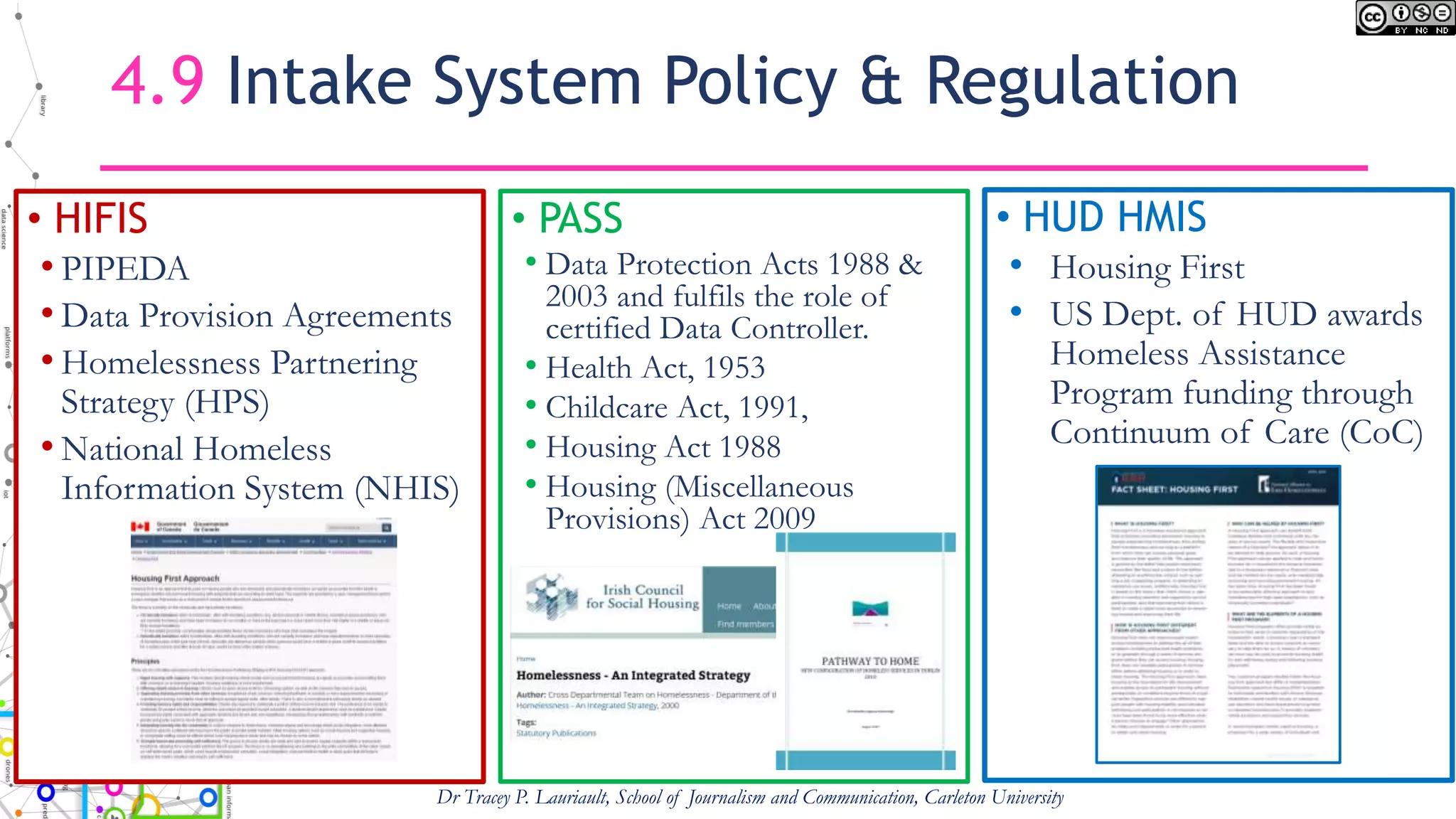 4.9 Intake System Policy & Regulation
• HIFIS
• PIPEDA
• Data Provision Agreements
• Homelessness Partnering
Strategy (HPS)
• National Homeless
Information System (NHIS)
• PASS
• Data Protection Acts 1988 &
2003 and fulfils the role of
certified Data Controller.
• Health Act, 1953
• Childcare Act, 1991,
• Housing Act 1988
• Housing (Miscellaneous
Provisions) Act 2009
Dr Tracey P. Lauriault, School of Journalism and Communication, Carleton University
• HUD HMIS
• Housing First
• US Dept. of HUD awards
Homeless Assistance
Program funding through
Continuum of Care (CoC)
 
