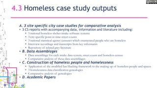 4.3 Homeless case study outputs
A. 3 site specific city case studies for comparative analysis
• 3 CS reports with accompanying data, information and literature including:
• 3 national homeless shelter intake software systems
• 3 city specific point in time street counts
• 3 national statistical agency censuses which enumerated people who are homeless
• Interview recordings and transcripts from key informants
• Repository of related grey literature
• B. Data Assemblages
• Data assemblage for each intake data system, street count and homeless census
• Comparative analysis of these data assemblages
• C. Construction of homeless people and homelessness
• Application of the modified Ian Hacking framework to the making up of homeless people and spaces
• 3 homelessness data classification genealogies
• Comparative analysis of genealogies
• D. Academic Papers
 