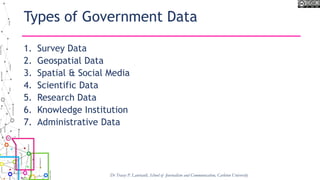Types of Government Data
1. Survey Data
2. Geospatial Data
3. Spatial & Social Media
4. Scientific Data
5. Research Data
6. Knowledge Institution
7. Administrative Data
Dr Tracey P. Lauriault, School of Journalism and Communication, Carleton University
 