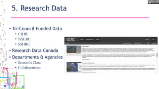 5. Research Data
• Tri-Council Funded Data
• CIHR
• NSERC
• SSHRC
• Research Data Canada
• Departments & Agencies
• Scientific Data
• Collaborations
 