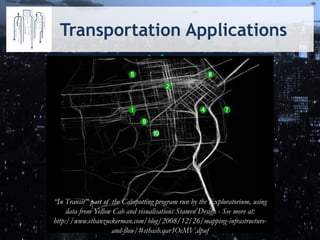 Transportation Applications
http://www.dublinbus.ie/en/rtpi/sources-of-real-time-information
http://www.apps4ottawa.ca
/en/apps/68
“In Transit” part of the Cabspotting program run by the Exploratorium, using
data from Yellow Cab and visualisations Stamen Design - See more at:
http://www.ethanzuckerman.com/blog/2008/12/26/mapping-infrastructure-
and-flow/#sthash.qar3OcMV.dpuf
 