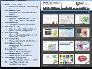 • How’s Dublin Doing?
• Dublin Indicators and benchmarking
tools
• Dublin Real-Time
• Real-time data from sensors across
Dublin
• Dublin Mapped
• Detailed Census maps for 2006 &
2011 Census, crime, live register
• Dublin Planning
• Zoning and planning permissions
• Dublin Near To Me
• Maps of location and nearness to
public services, area profiles
• Dublin Housing
• Maps of housing, house prices and
commuting patterns
• Dublin Reporting
• FixMyStreet, CityWatch, FixMyArea
• Dublin Data Stores
• Access to all data used in the
dashboard
• Dublin Social (in progress)
• Maps of social media activity
• Dublin Modelled (in progress)
• Modelling and scenario tools
• Dublin Apps (in progress)
• Directory of apps relevant to Dublin
• Have Your Say (in progress)
• Feedback from users
 