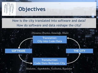 Objectives
How is the city translated into software and data?
How do software and data reshape the city?
Translation:
City into Code/Data
Transduction:
Code/Data Reshapes City
THE CITYSOFTWARE
Discourses, Practices, Knowledge, Models
Mediation, Augmentation, Facilitation, Regulation
 