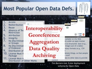 Most Popular Open Data Defs.
1. Access
2. Redistribution
3. Reuse
4. Absence of Technological
Restriction
5. Attribution
6. Integrity
7. No Discrimination Against Persons
or Groups
8. No Discrimination Against Fields
of Endeavor
9. Distribution of License
10. License Must Not Be Specific to a
Package
11. License Must Not Restrict the
Distribution of Other Works
★ make your stuff available on the Web
(whatever format) under an open license
★★ make it available as structured data (e.g.,
Excel instead of image scan of a table)
★★★ use non-proprietary formats (e.g., CSV
instead of Excel)
★★★★ use URIs to denote things, so that people
can point at your stuff
★★★★★ link your data to other data to provide
context
Tim Berners-Lee, 5 star deployment
scheme for Open Data
Interoperability
Georeference
Aggregation
Data Quality
Archiving
 